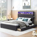 Full Size Upholstered Platform Bed With Storage Headboard, Led, Usb Charging And 2 Drawers, Dark Gray Box Spring Not Required Dark Gray Wood Linen Upholstered