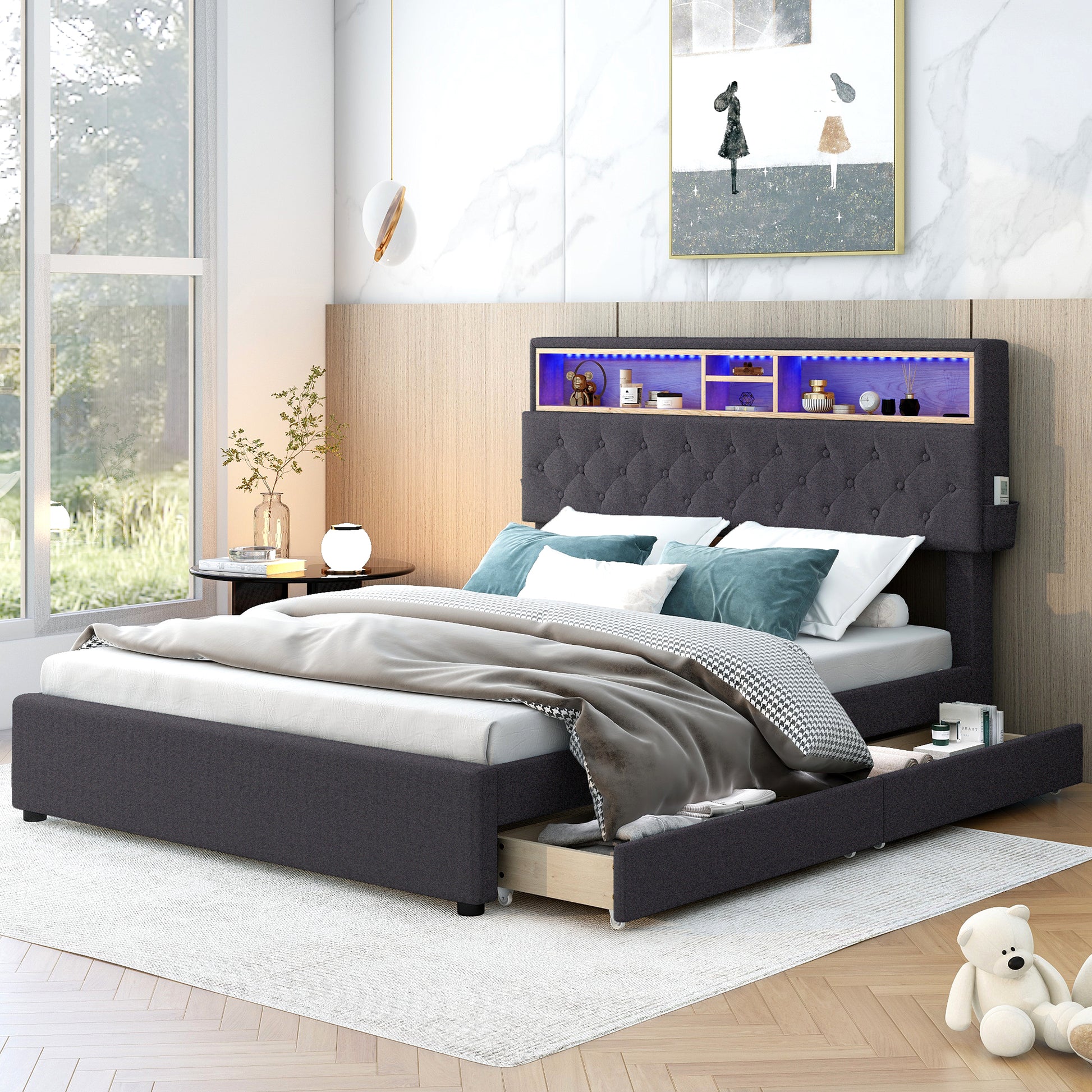 Full Size Upholstered Platform Bed With Storage Headboard, Led, Usb Charging And 2 Drawers, Dark Gray Box Spring Not Required Dark Gray Wood Linen Upholstered