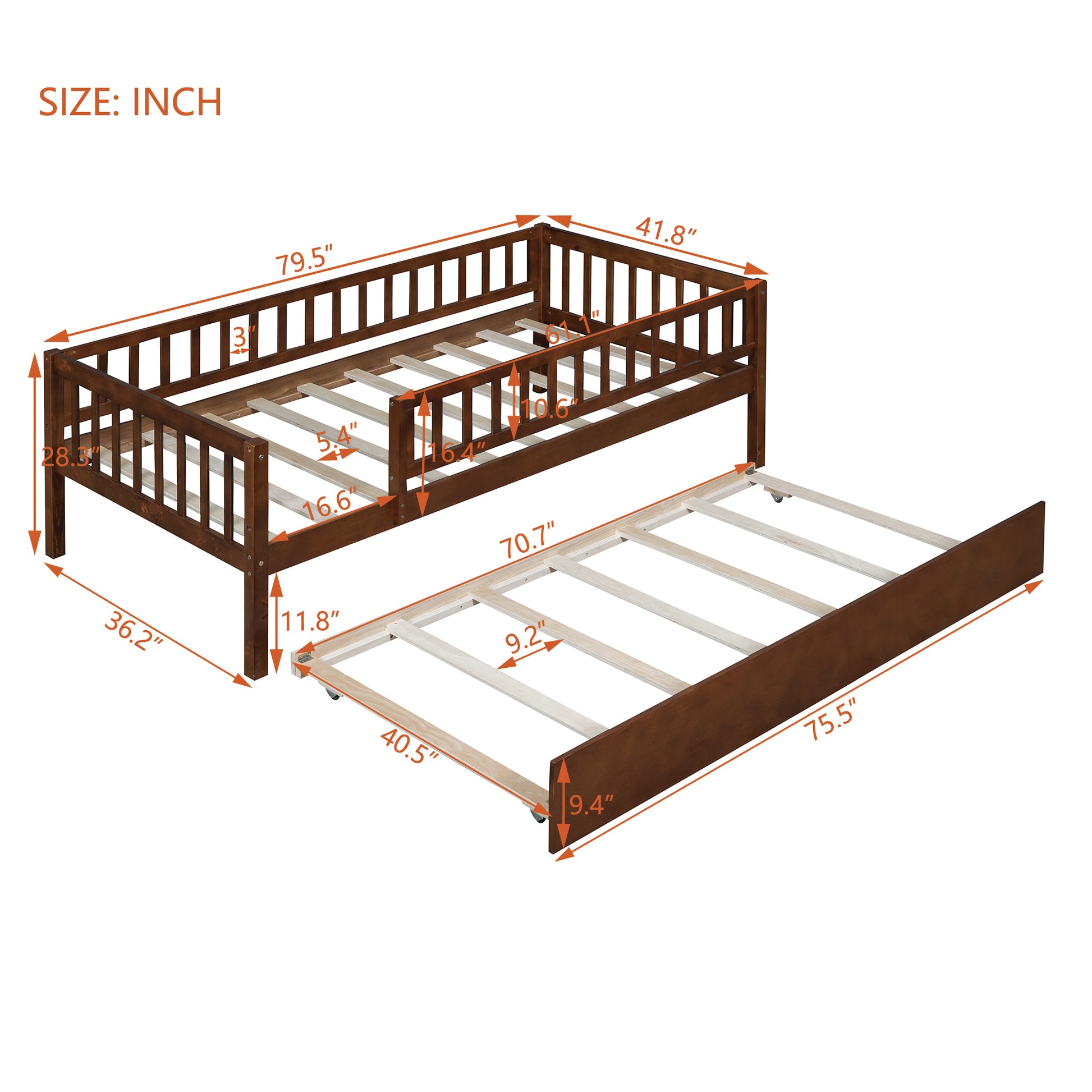 Twin Size Wood Daybed With Trundle And Fence Guardrails, Walnut Twin Walnut Solid Wood Mdf