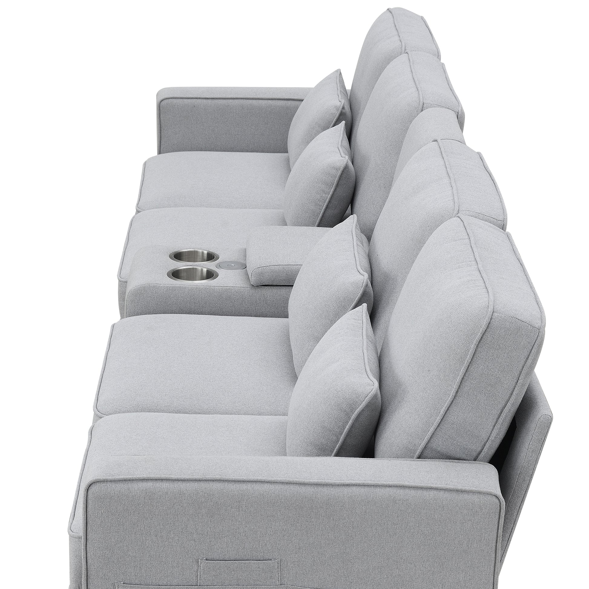 114.2" Upholstered Sofa With Console, 2 Cupholders And 2 Usb Ports Wired Or Wirelessly Charged, Modern Linen Fabric Couches With 4 Pillows For Living Room, Apartment 4 Seat Light Gray Fabric 4 Seat