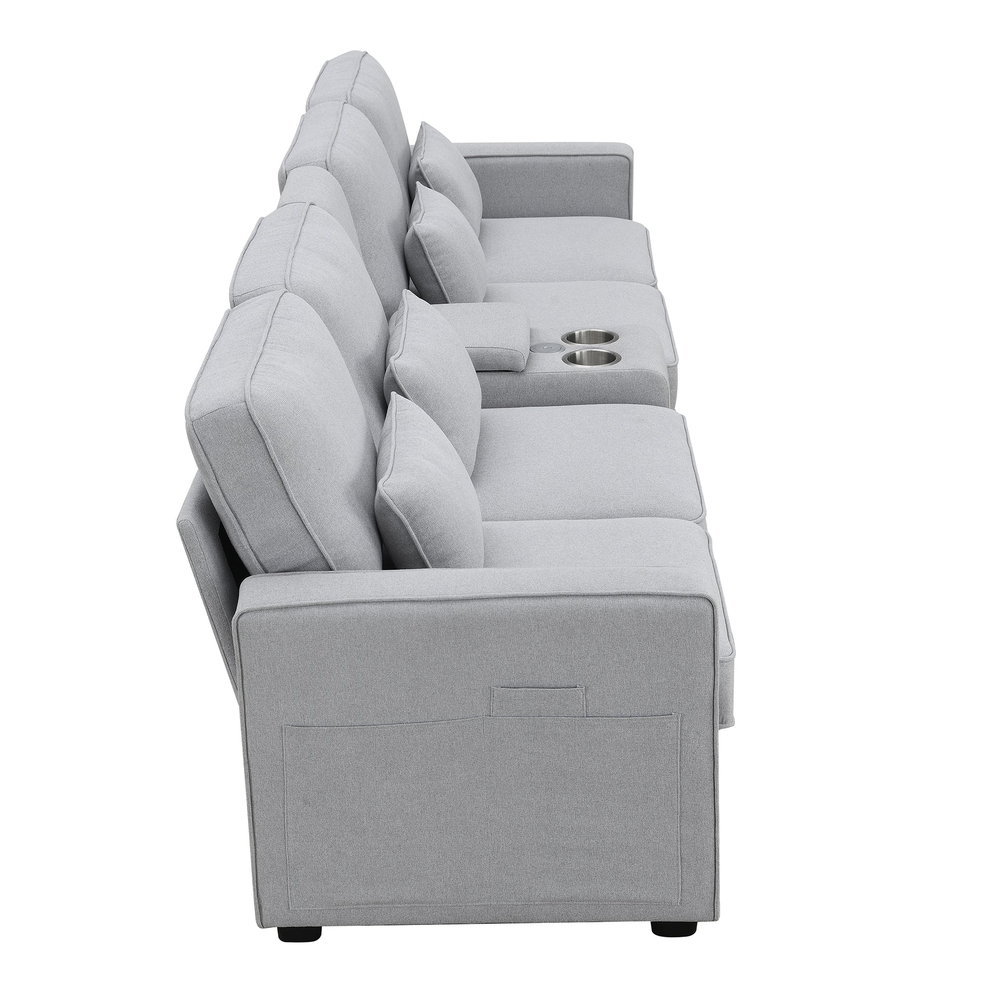 114.2" Upholstered Sofa With Console, 2 Cupholders And 2 Usb Ports Wired Or Wirelessly Charged, Modern Linen Fabric Couches With 4 Pillows For Living Room, Apartment 4 Seat Light Gray Fabric 4 Seat