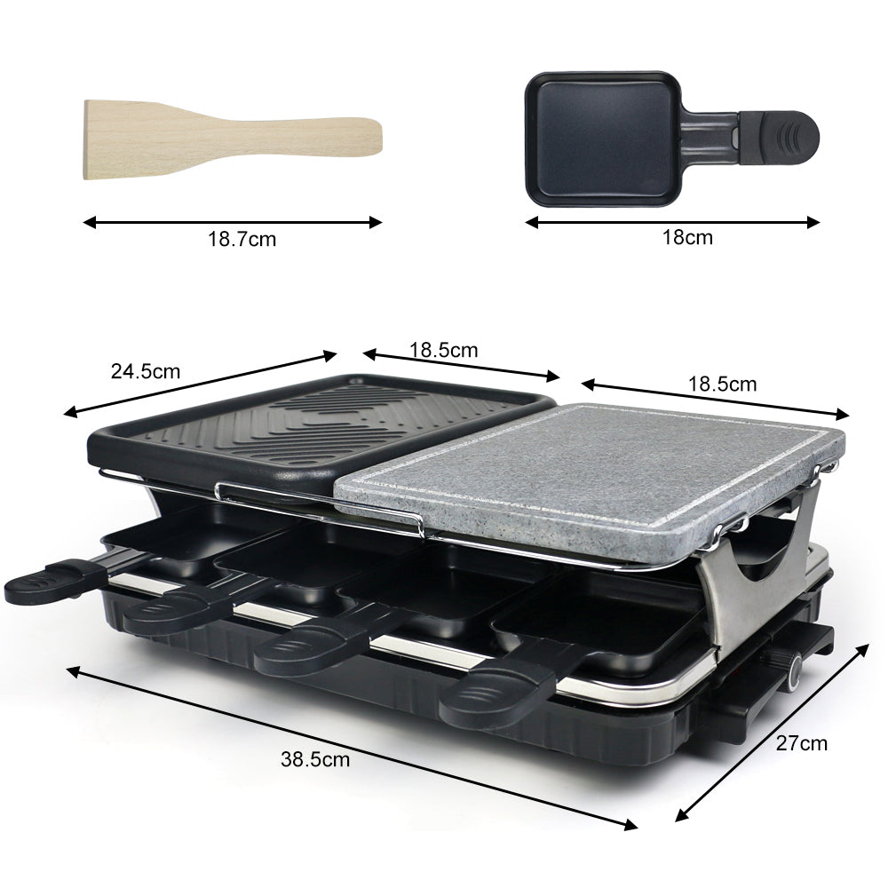 Dual Raclette Table Grill W Non Stick Grilling Plate & Cooking Stone 8 Person Electric Tabletop Cooker For Korean Bbq Melt Cheese, Cook Meat & Veggies At Once Black Iron Plastic Metal