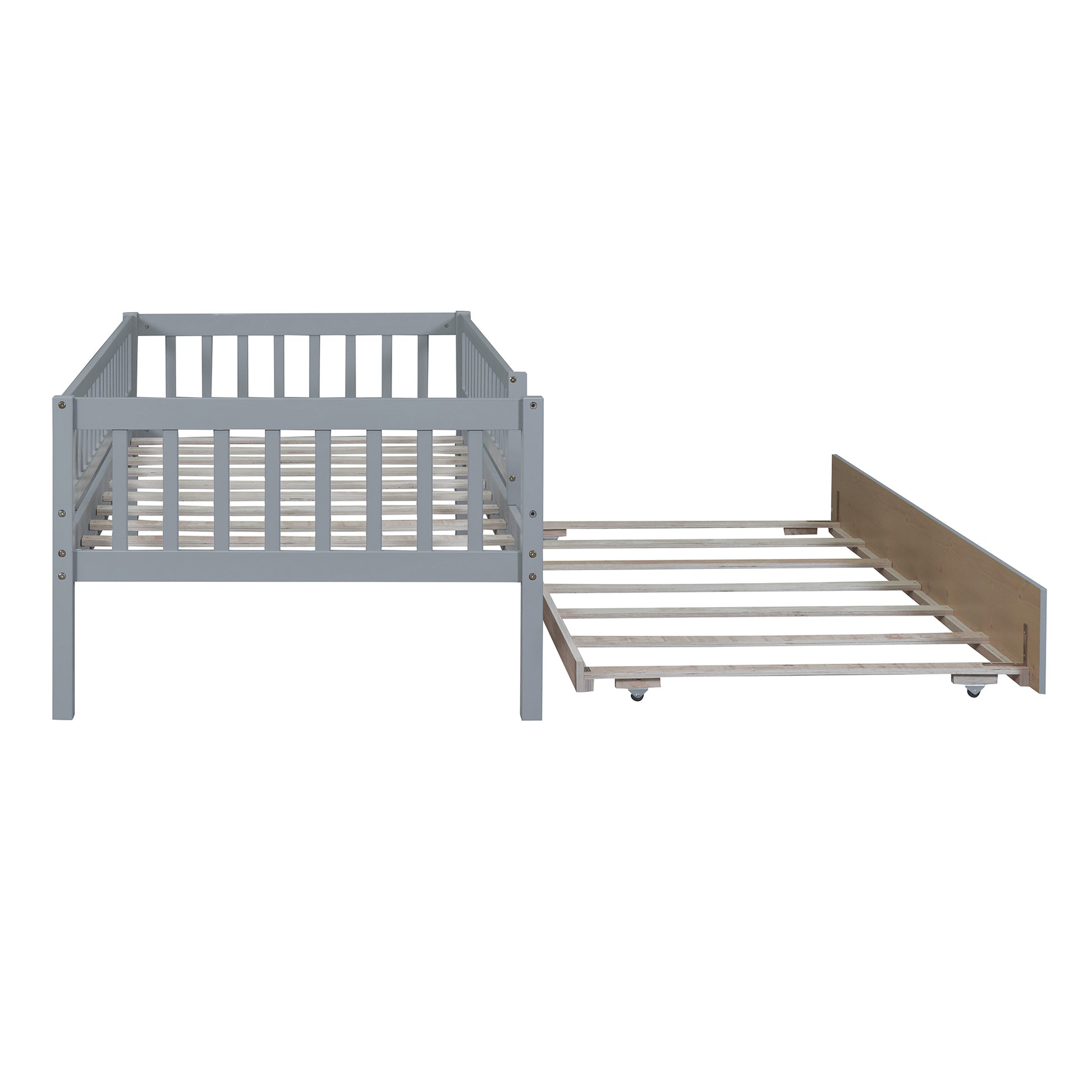 Twin Size Wood Daybed With Trundle And Fence Guardrails, Gray Twin Gray Solid Wood Mdf