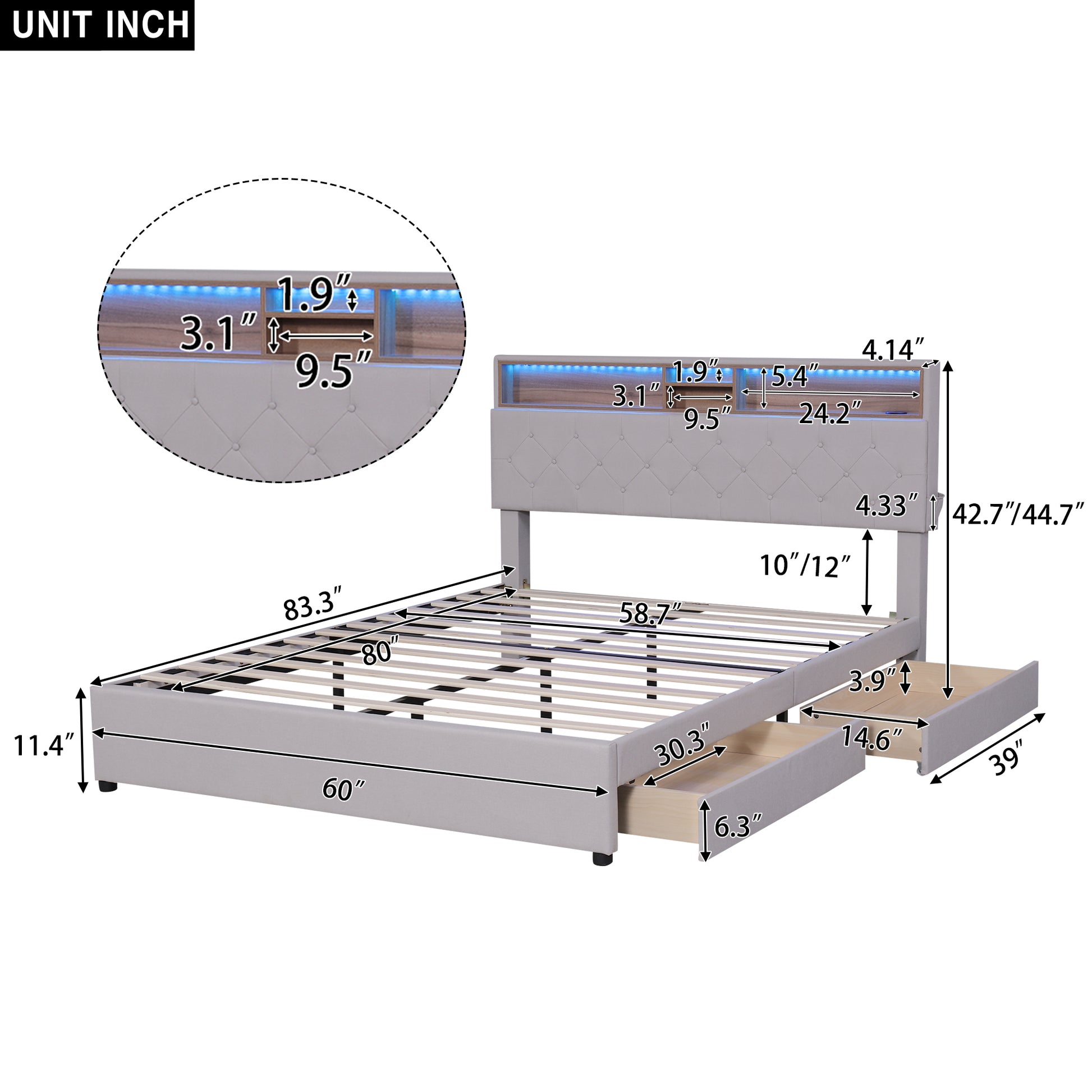 Queen Size Upholstered Platform Bed With Storage Headboard, Led, Usb Charging And 2 Drawers, Beige Beige Upholstered
