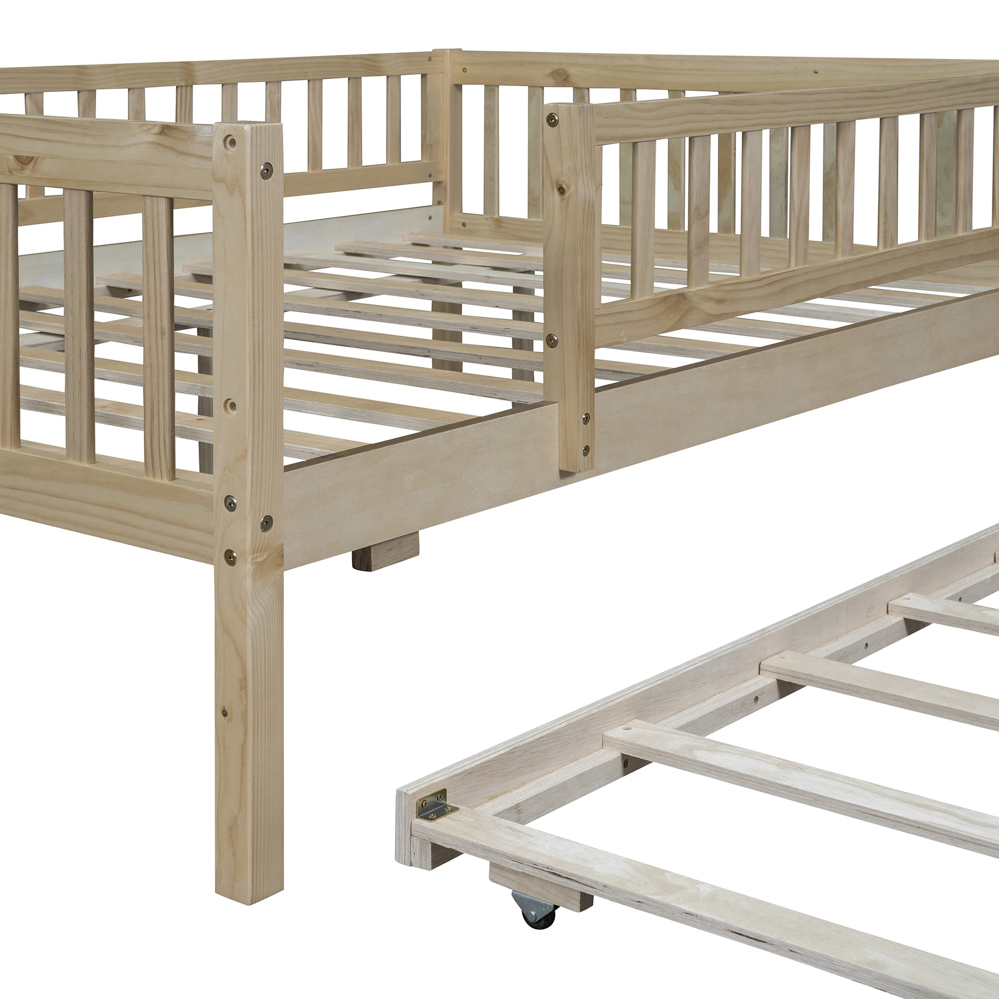 Full Size Wood Daybed With Trundle And Fence Guardrails, Natural Full Natural Solid Wood Mdf