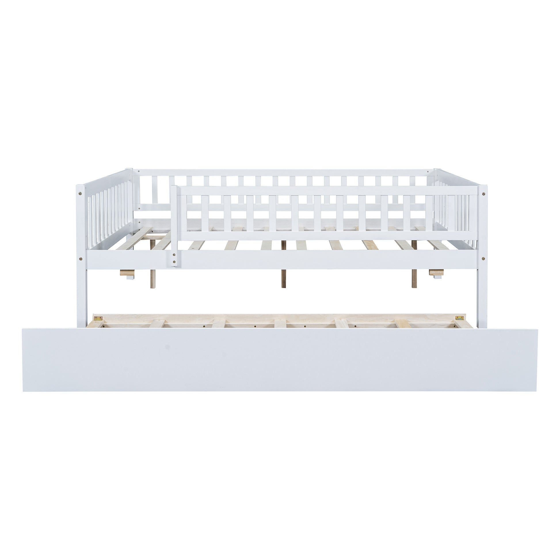 Full Size Wood Daybed With Trundle And Fence Guardrails, White Full White Solid Wood Mdf