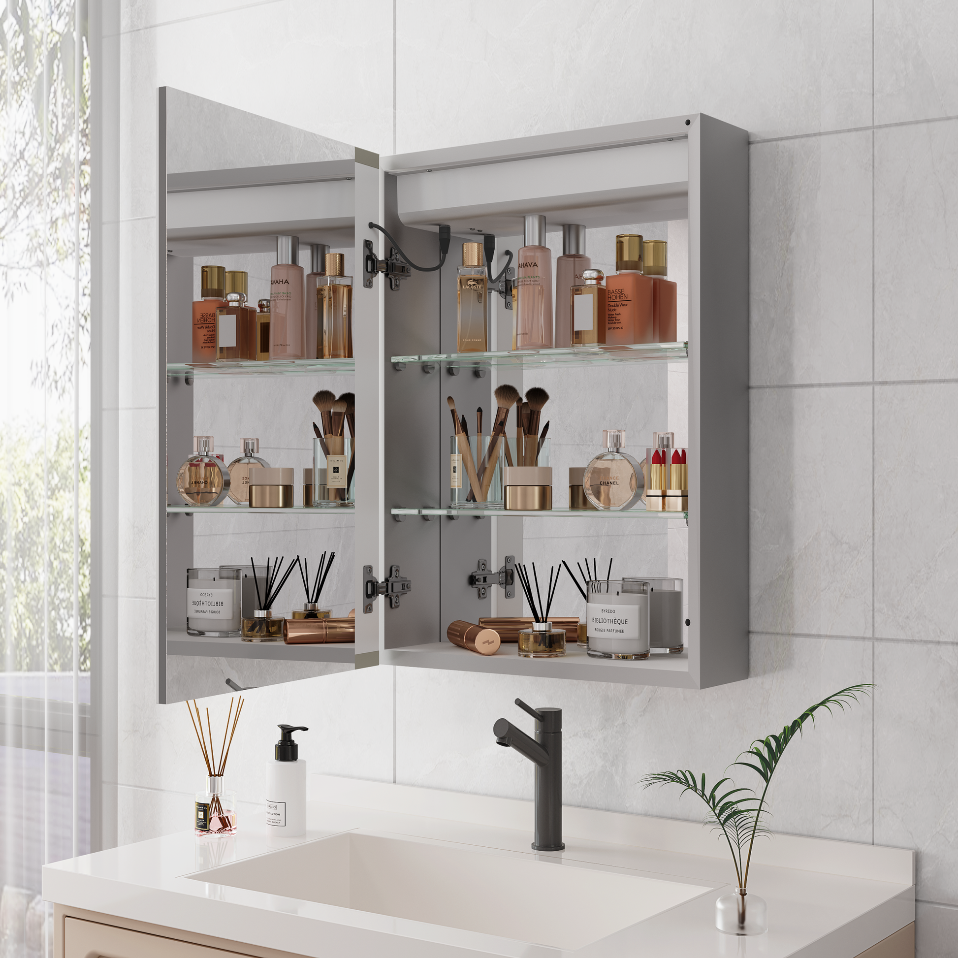 20 X 28 Inch Bathroom Medicine Cabinet With Mirror Wall Mounted Led Bathroom Mirror Cabinet With Lights, Anti Fog, Waterproof, Dimmable,3000K 6000K, Single Door,Touch Swich, Storage Shelves Adjustable Shelves Bathroom Powder Coated 3 Silver 1 2 18 To 23