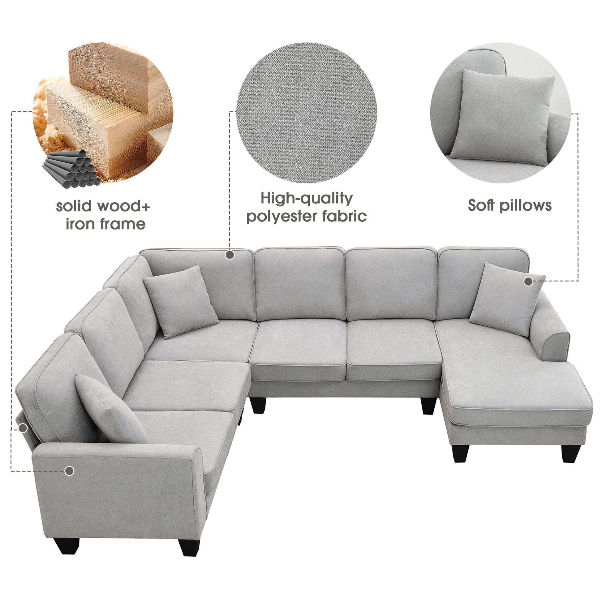 108*85.5" Modern U Shape Sectional Sofa, 7 Seat Fabric Sectional Sofa Set With 3 Pillows Included For Living Room, Apartment, Office,3 Colors Light Grey Fabric