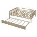 Full Size Wood Daybed With Trundle And Fence Guardrails, Natural Full Natural Solid Wood Mdf