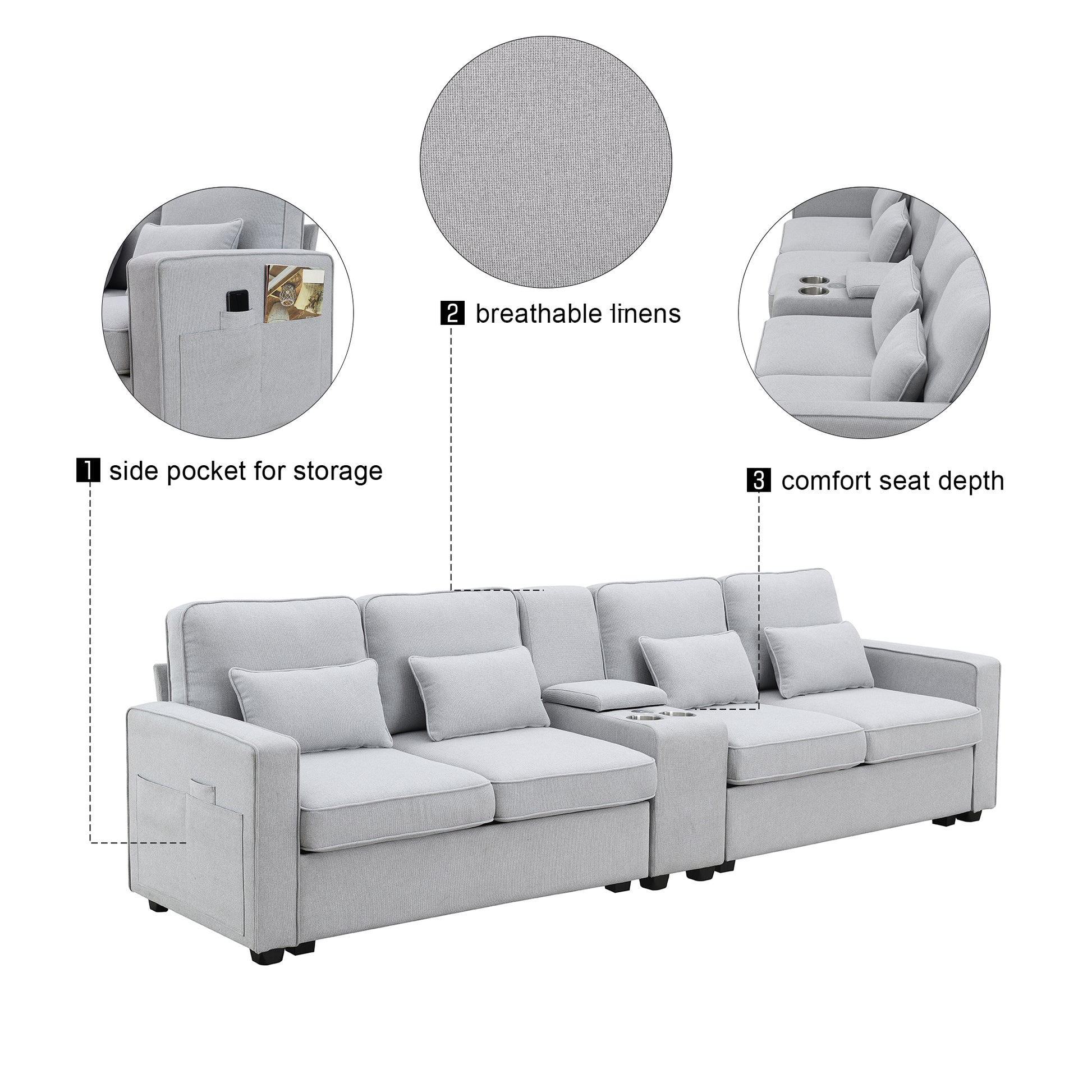 114.2" Upholstered Sofa With Console, 2 Cupholders And 2 Usb Ports Wired Or Wirelessly Charged, Modern Linen Fabric Couches With 4 Pillows For Living Room, Apartment 4 Seat Light Gray Fabric 4 Seat