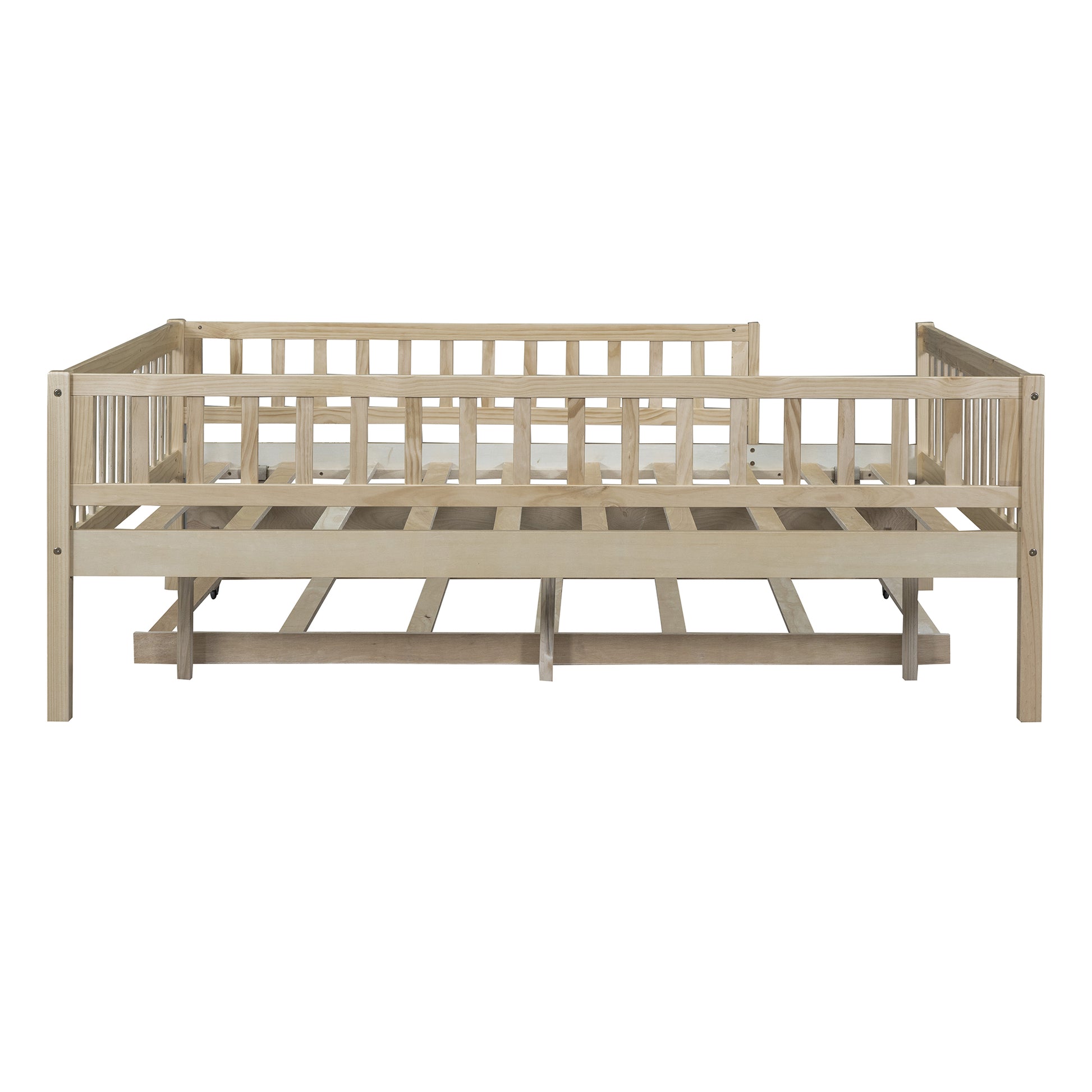 Full Size Wood Daybed With Trundle And Fence Guardrails, Natural Full Natural Solid Wood Mdf