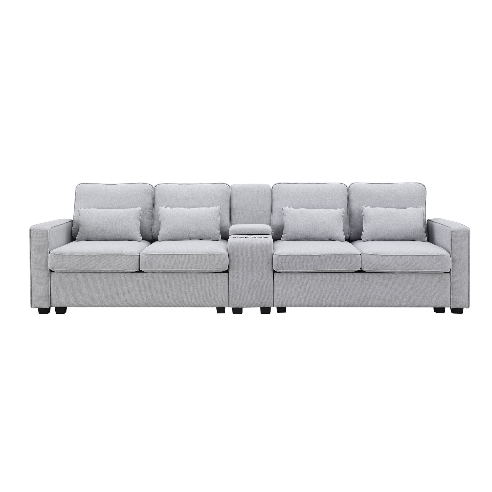 114.2" Upholstered Sofa With Console, 2 Cupholders And 2 Usb Ports Wired Or Wirelessly Charged, Modern Linen Fabric Couches With 4 Pillows For Living Room, Apartment 4 Seat Light Gray Fabric 4 Seat