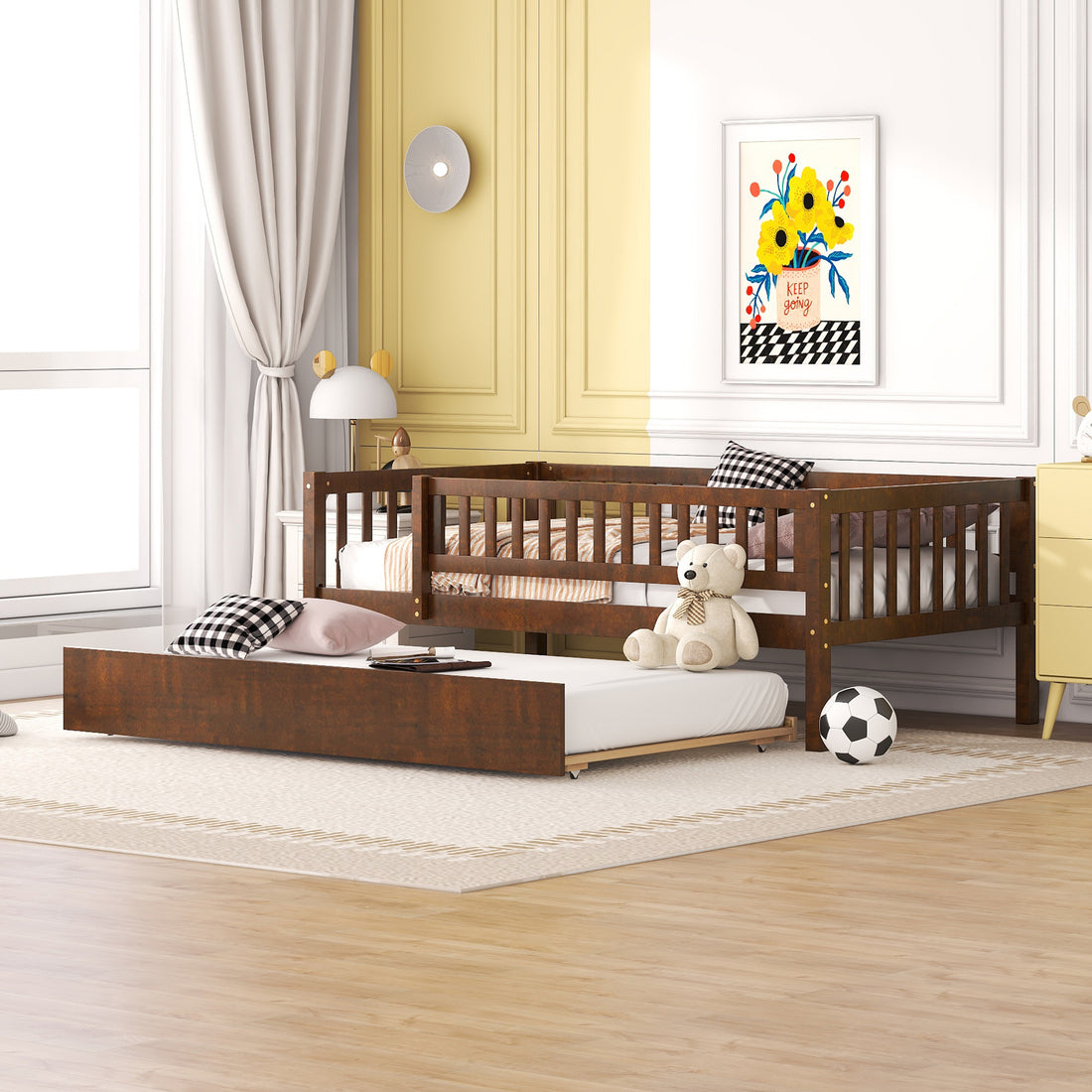 Twin Size Wood Daybed With Trundle And Fence Guardrails, Walnut Twin Walnut Solid Wood Mdf