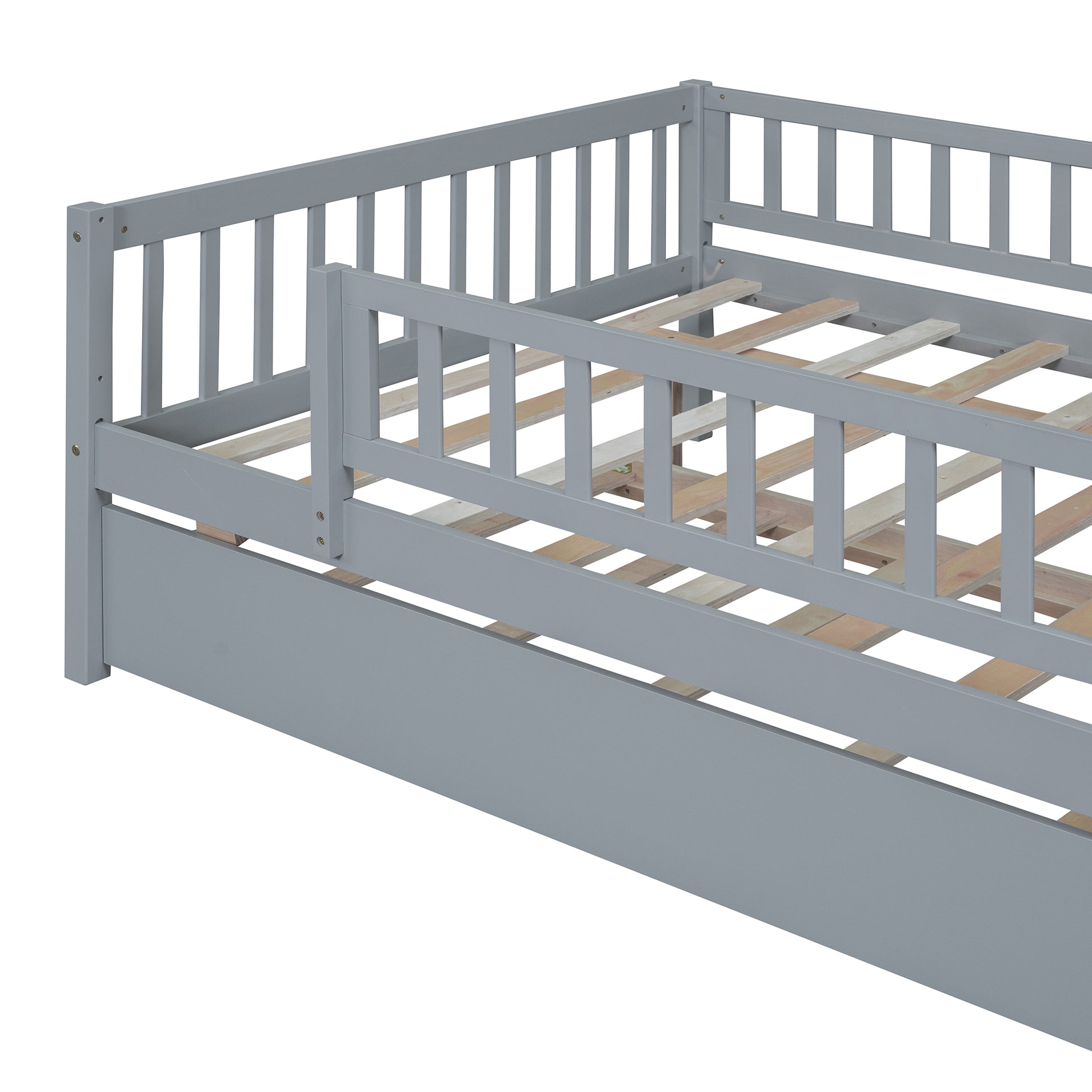 Full Size Wood Daybed With Trundle And Fence Guardrails, Gray Full Gray Solid Wood Mdf