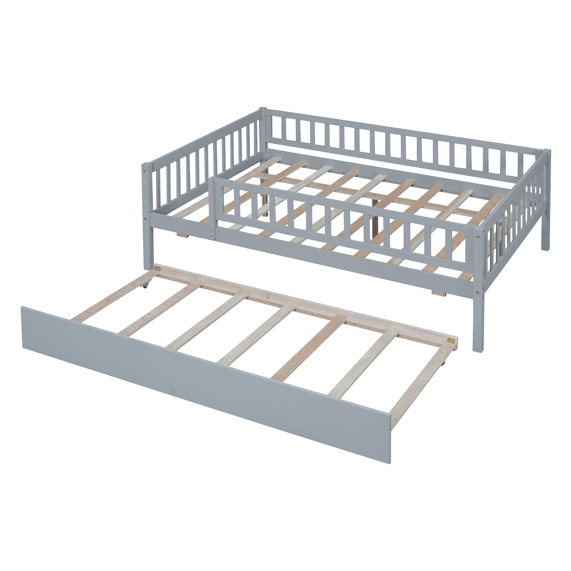 Full Size Wood Daybed With Trundle And Fence Guardrails, Gray Full Gray Solid Wood Mdf