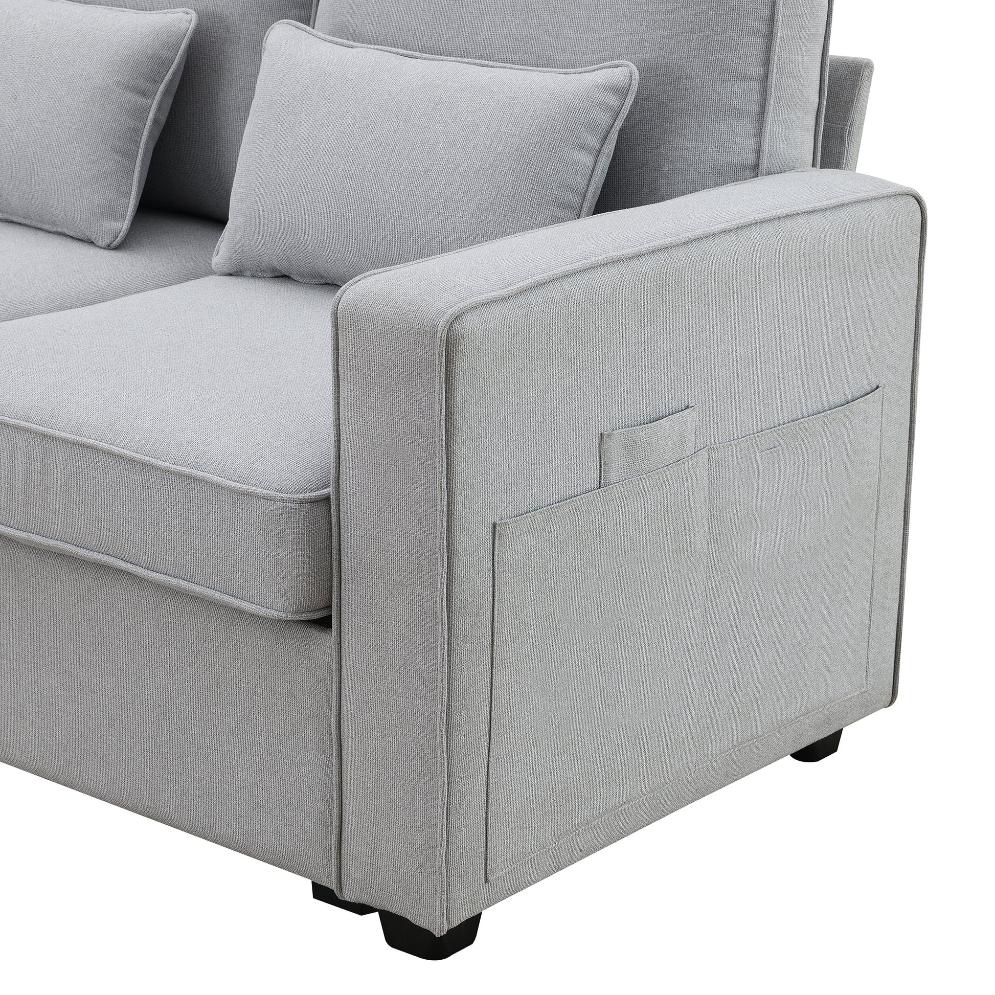 114.2" Upholstered Sofa With Console, 2 Cupholders And 2 Usb Ports Wired Or Wirelessly Charged, Modern Linen Fabric Couches With 4 Pillows For Living Room, Apartment 4 Seat Light Gray Fabric 4 Seat