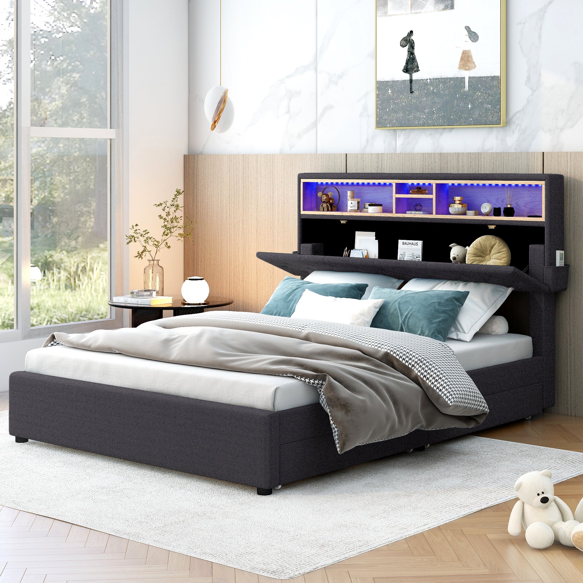 Full Size Upholstered Platform Bed With Storage Headboard, Led, Usb Charging And 2 Drawers, Dark Gray Box Spring Not Required Dark Gray Wood Linen Upholstered