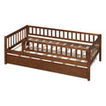 Twin Size Wood Daybed With Trundle And Fence Guardrails, Walnut Twin Walnut Solid Wood Mdf