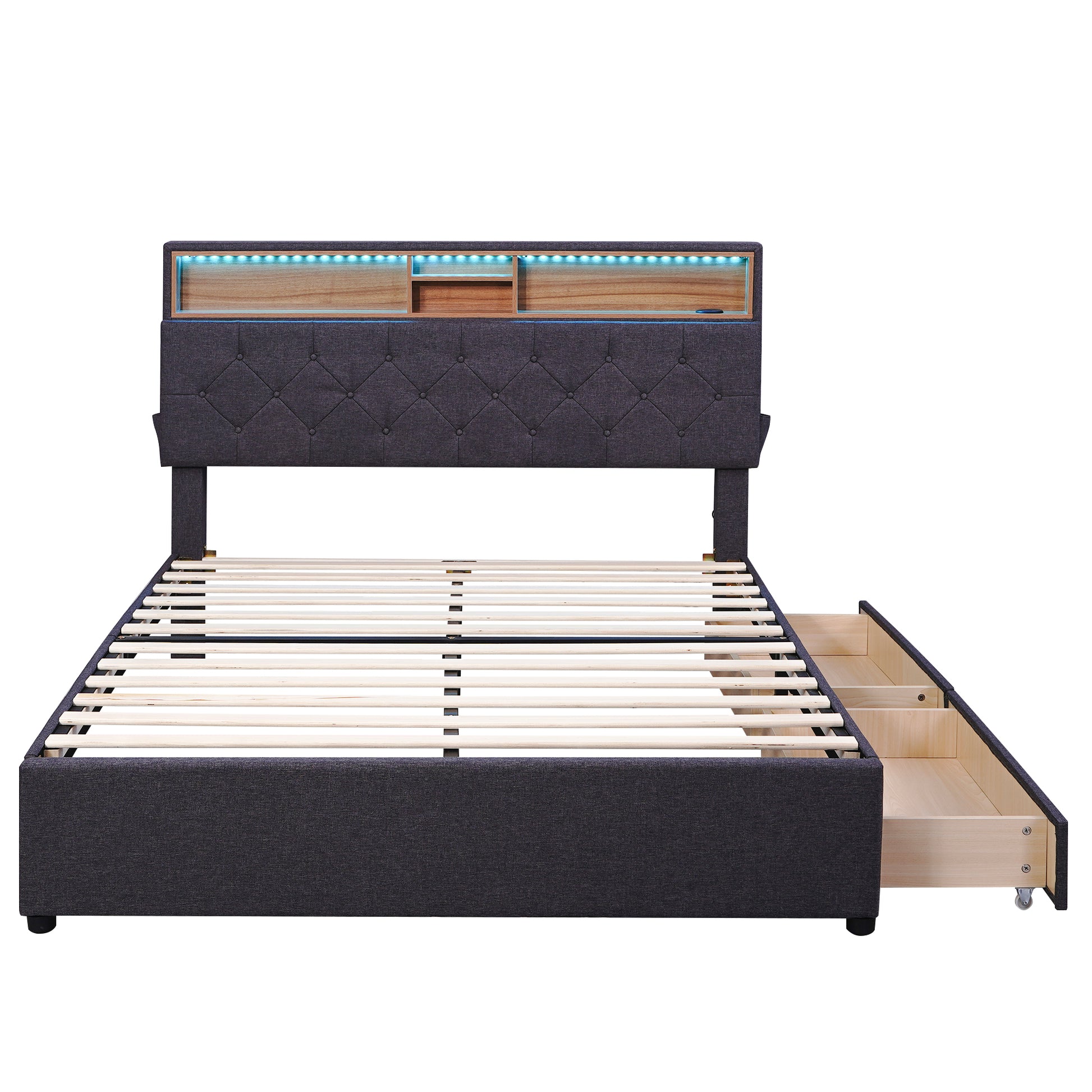 Full Size Upholstered Platform Bed With Storage Headboard, Led, Usb Charging And 2 Drawers, Dark Gray Box Spring Not Required Dark Gray Wood Linen Upholstered