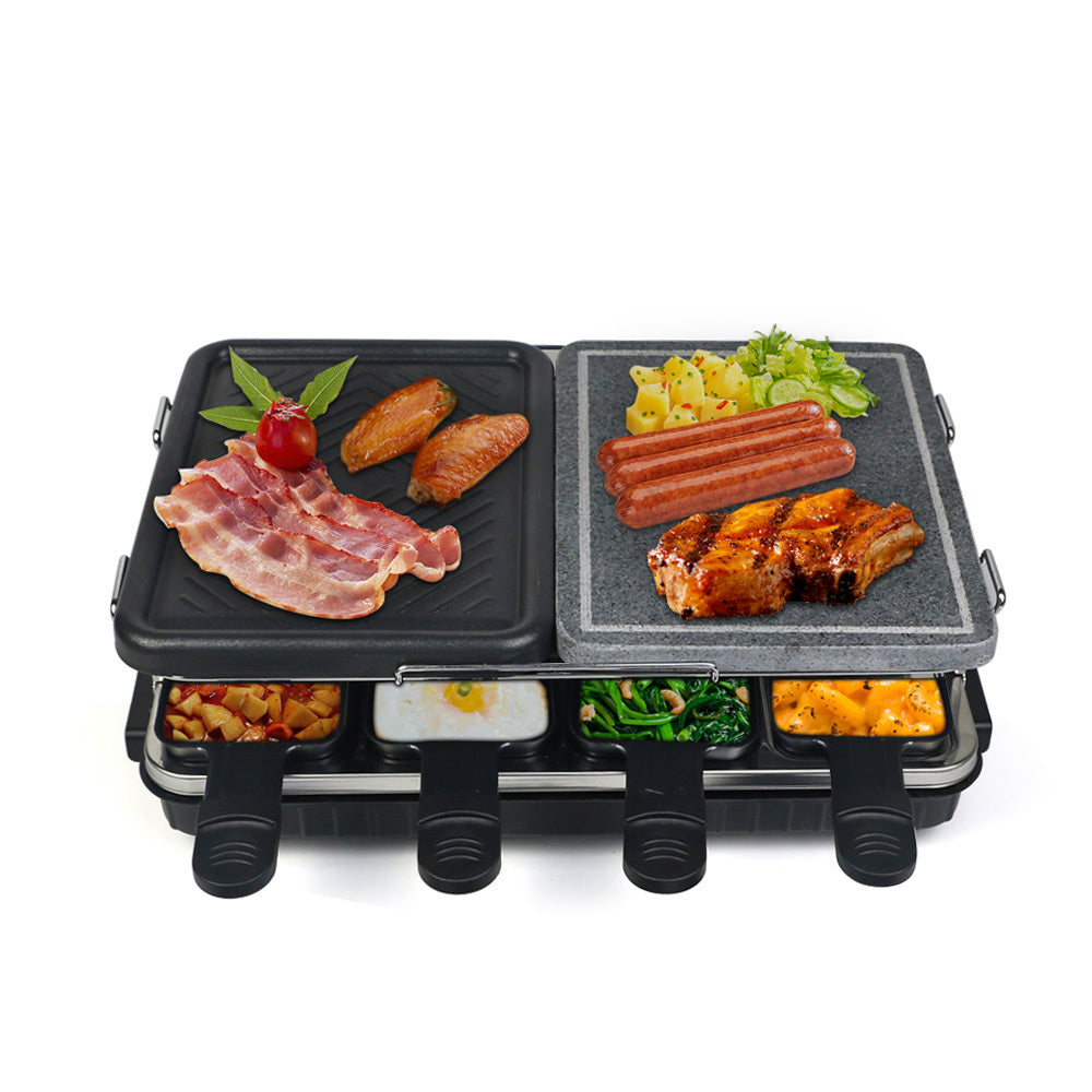 Dual Raclette Table Grill W Non Stick Grilling Plate & Cooking Stone 8 Person Electric Tabletop Cooker For Korean Bbq Melt Cheese, Cook Meat & Veggies At Once Black Iron Plastic Metal