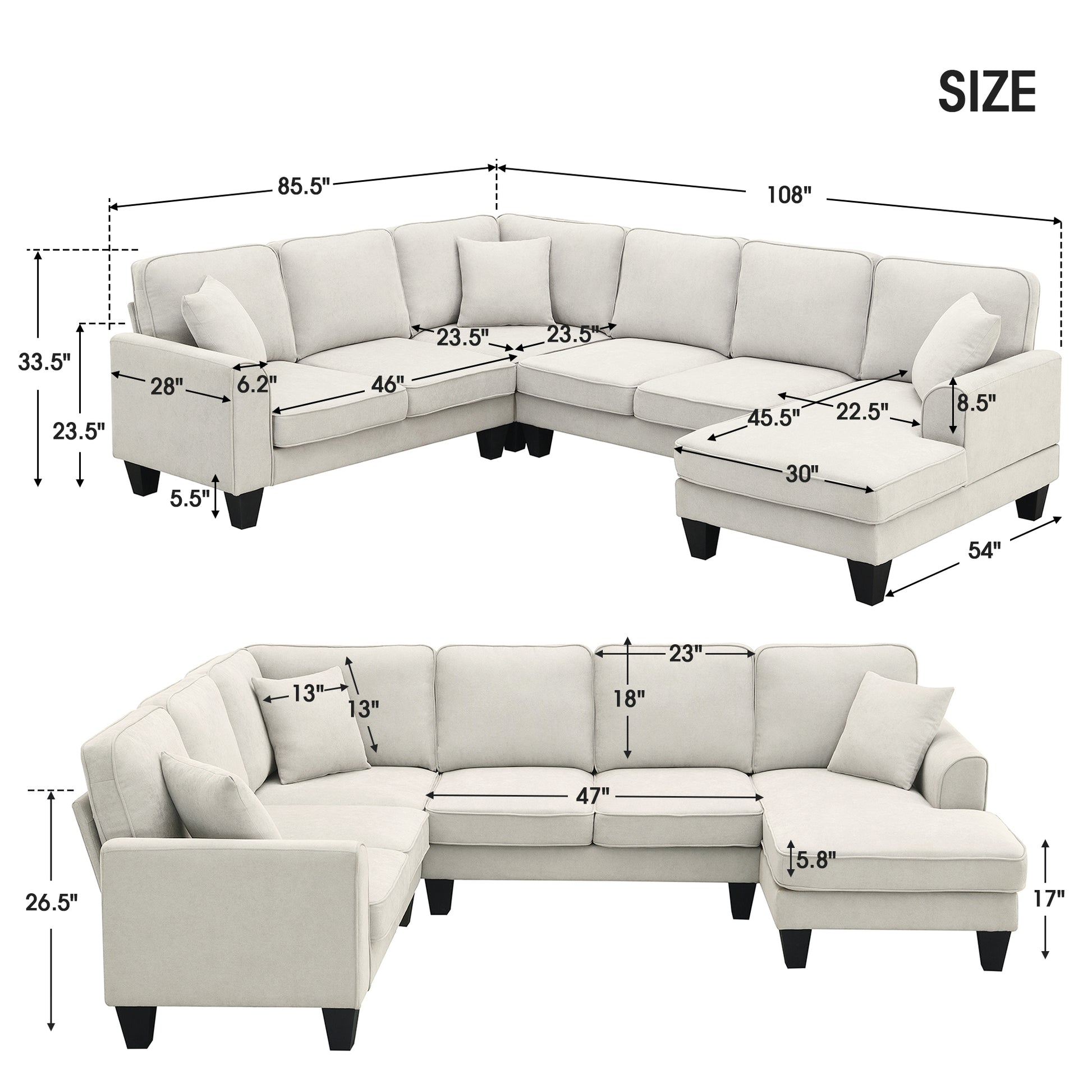 108*85.5" Modern U Shape Sectional Sofa, 7 Seat Fabric Sectional Sofa Set With 3 Pillows Included For Living Room, Apartment, Office,3 Colors Beige Fabric