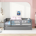 Full Size Wood Daybed With Trundle And Fence Guardrails, Gray Full Gray Solid Wood Mdf