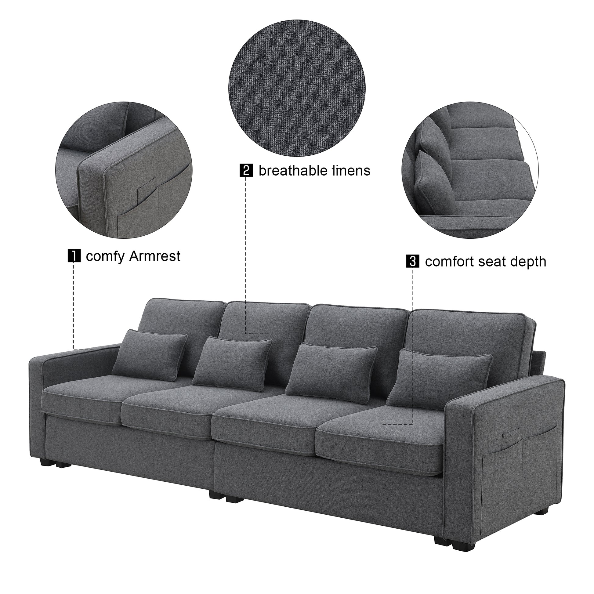 104" 4 Seater Modern Linen Fabric Sofa With Armrest Pockets And 4 Pillows,Minimalist Style Couch For Living Room, Apartment, Office,3 Colors Dark Grey Fabric 4 Seat