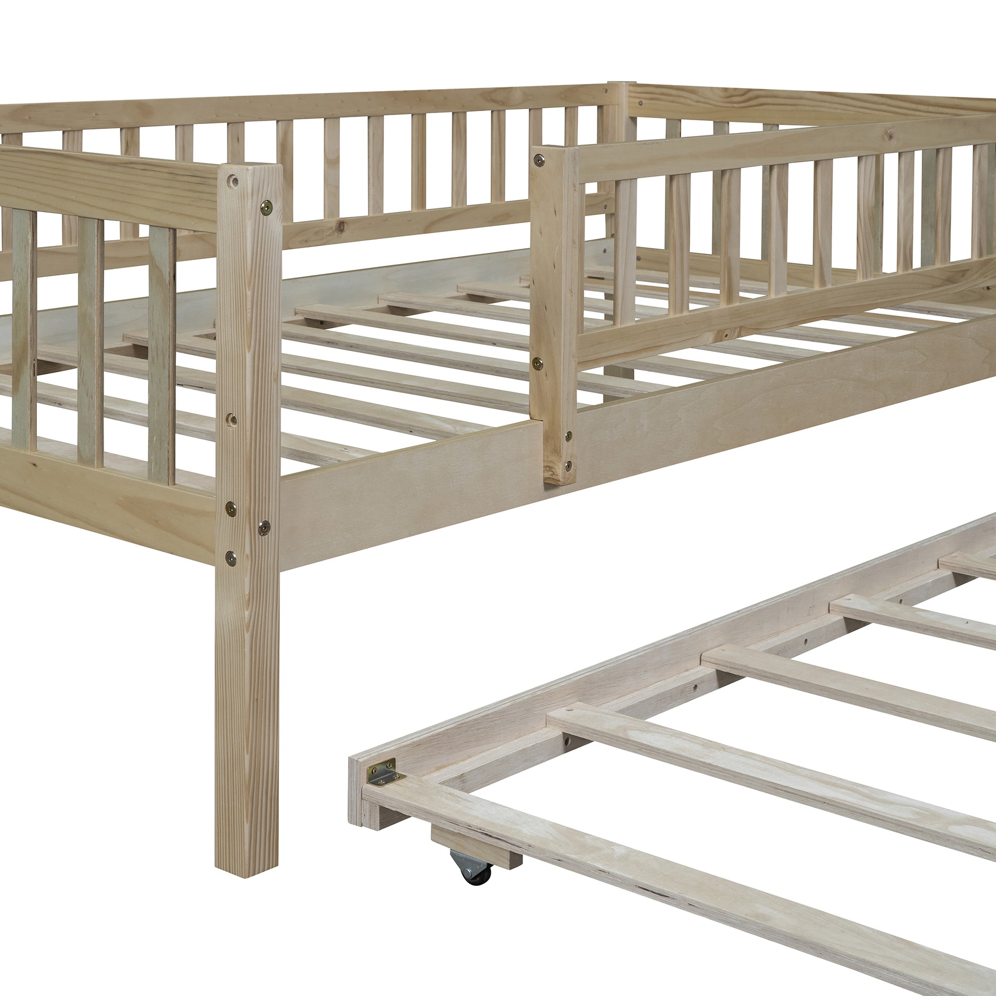 Twin Size Wood Daybed With Trundle And Fence Guardrails, Natural Twin Natural Solid Wood Mdf