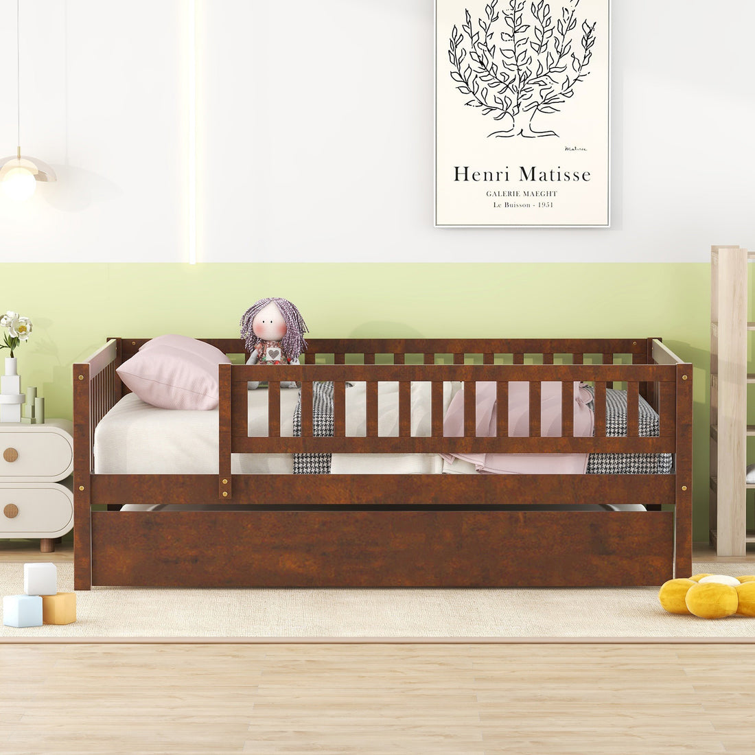 Full Size Wood Daybed With Trundle And Fence Guardrails, Walnut Full Walnut Solid Wood Mdf