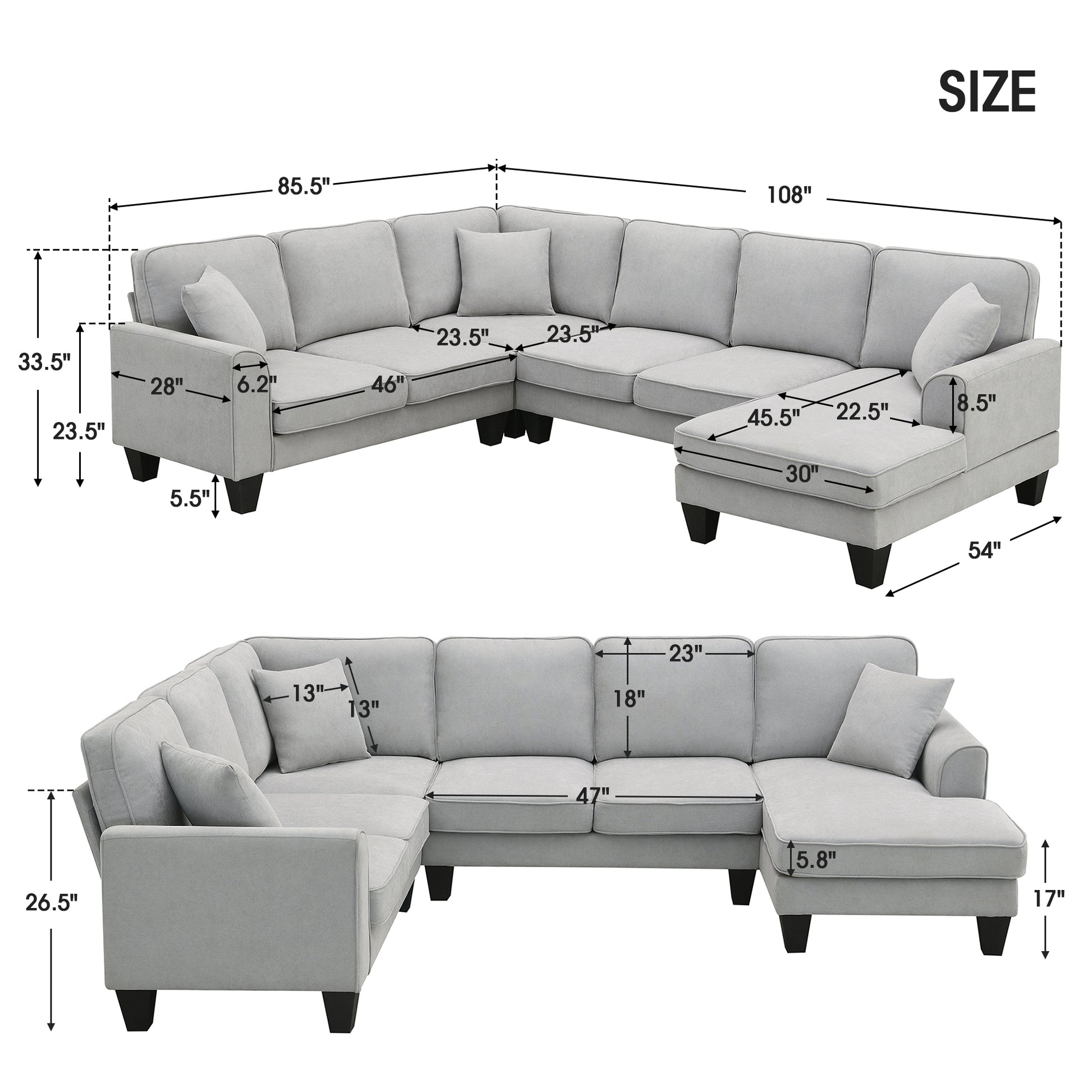 108*85.5" Modern U Shape Sectional Sofa, 7 Seat Fabric Sectional Sofa Set With 3 Pillows Included For Living Room, Apartment, Office,3 Colors Light Grey Fabric