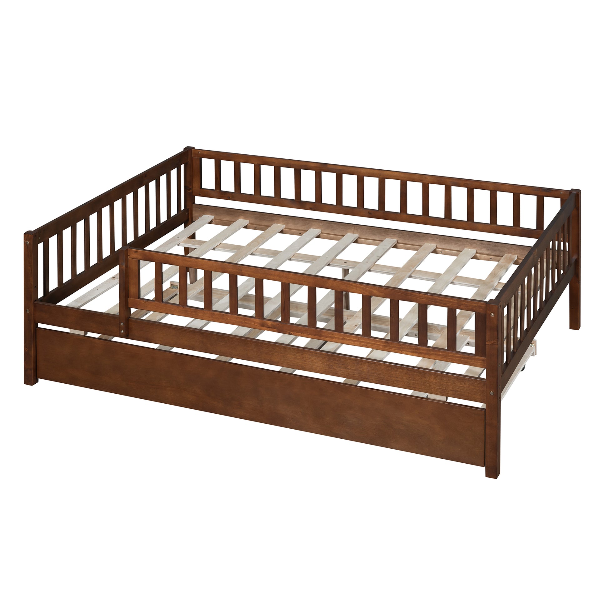 Full Size Wood Daybed With Trundle And Fence Guardrails, Walnut Full Walnut Solid Wood Mdf