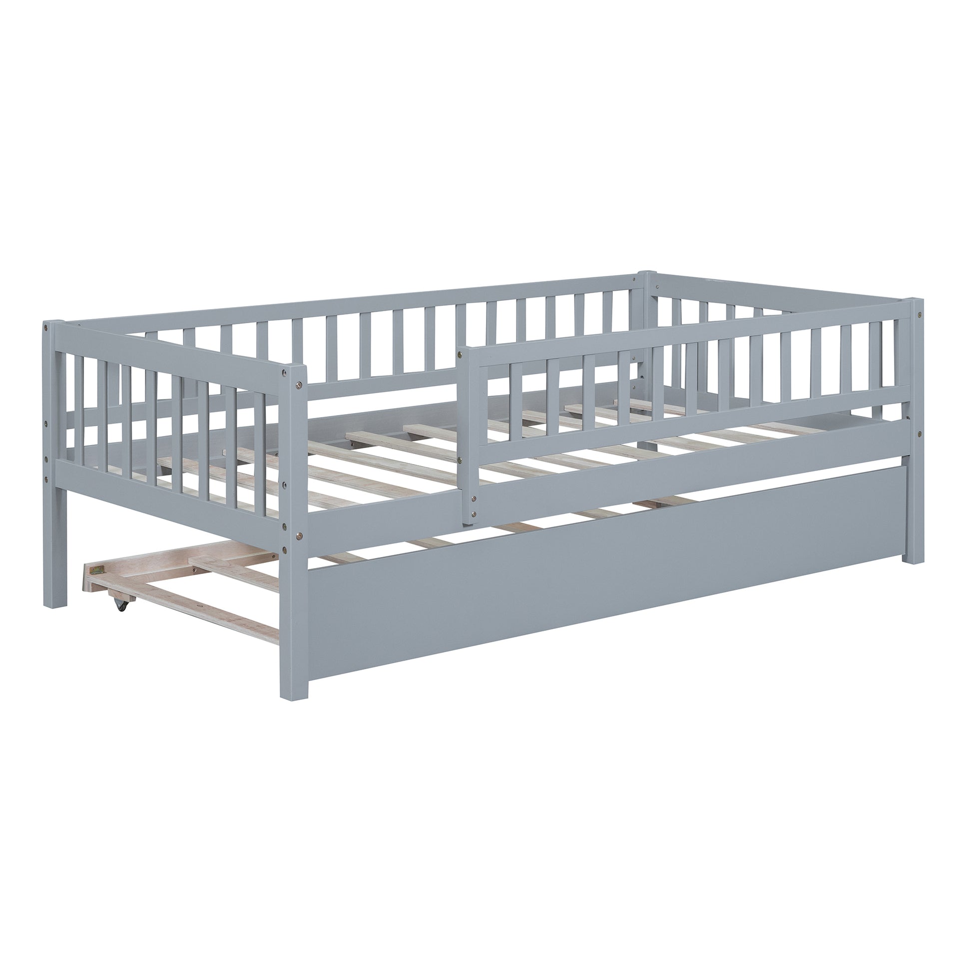 Twin Size Wood Daybed With Trundle And Fence Guardrails, Gray Twin Gray Solid Wood Mdf