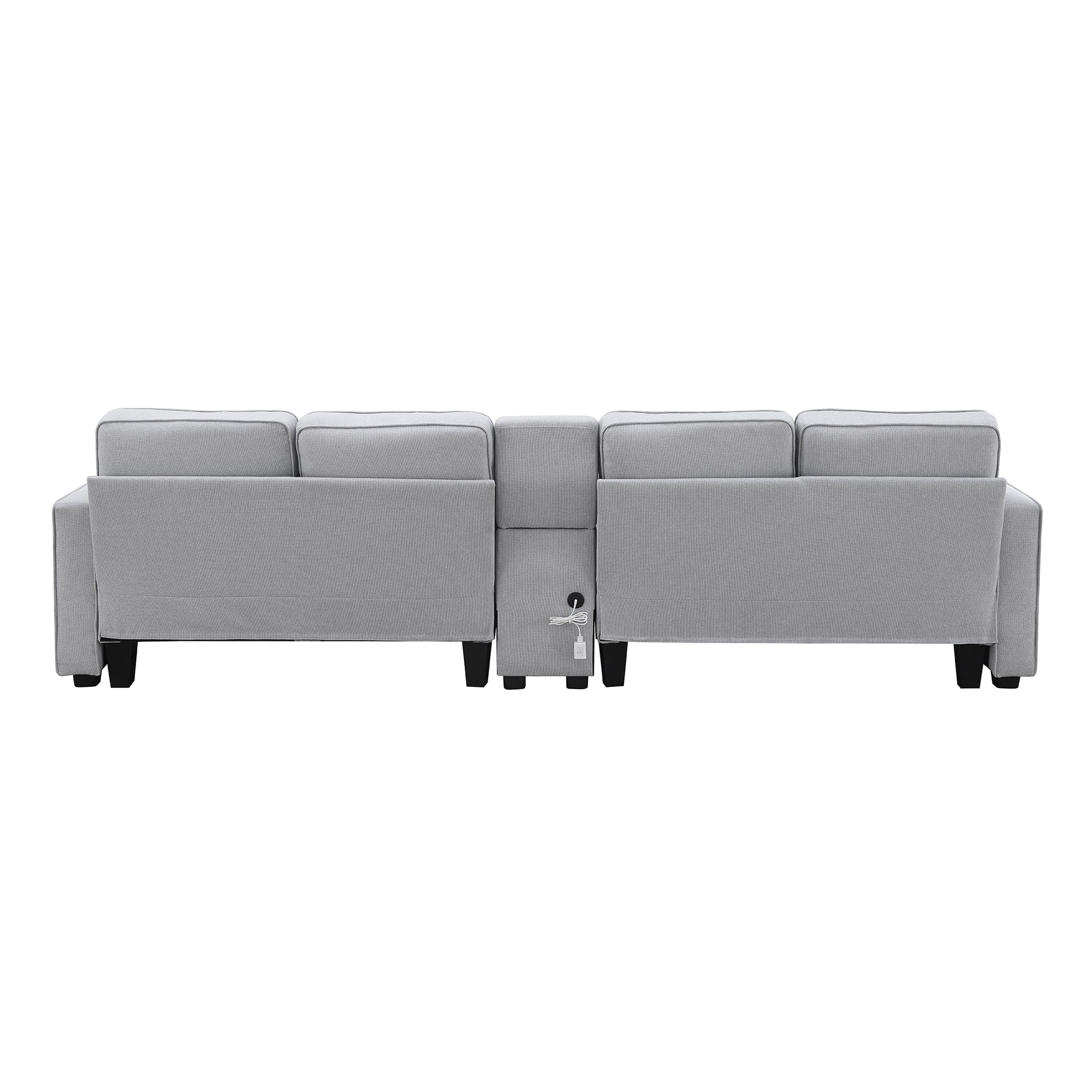 114.2" Upholstered Sofa With Console, 2 Cupholders And 2 Usb Ports Wired Or Wirelessly Charged, Modern Linen Fabric Couches With 4 Pillows For Living Room, Apartment 4 Seat Light Gray Fabric 4 Seat