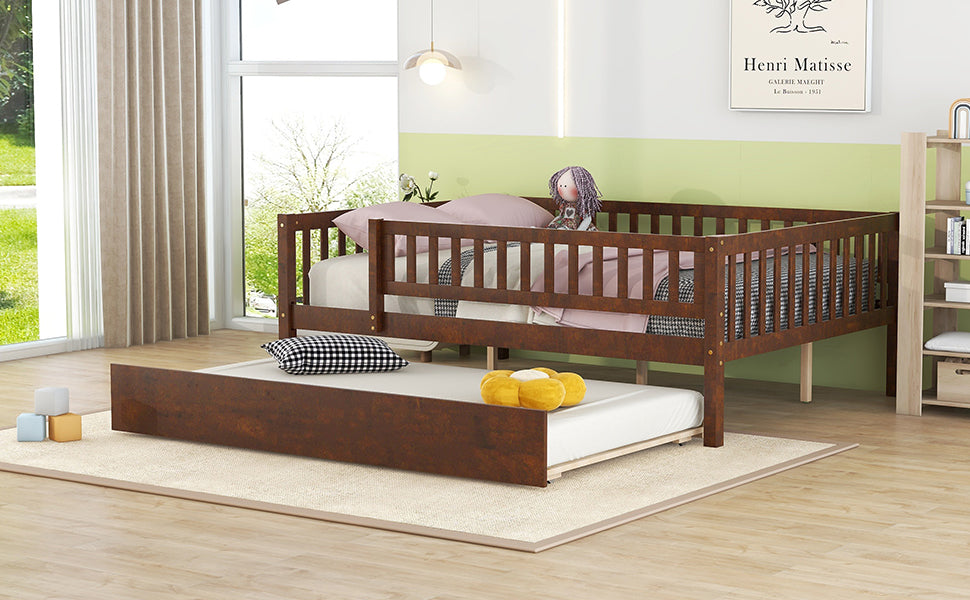 Full Size Wood Daybed With Trundle And Fence Guardrails, Walnut Full Walnut Solid Wood Mdf