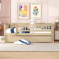 Twin Size Wood Daybed With Trundle And Fence Guardrails, Natural Twin Natural Solid Wood Mdf