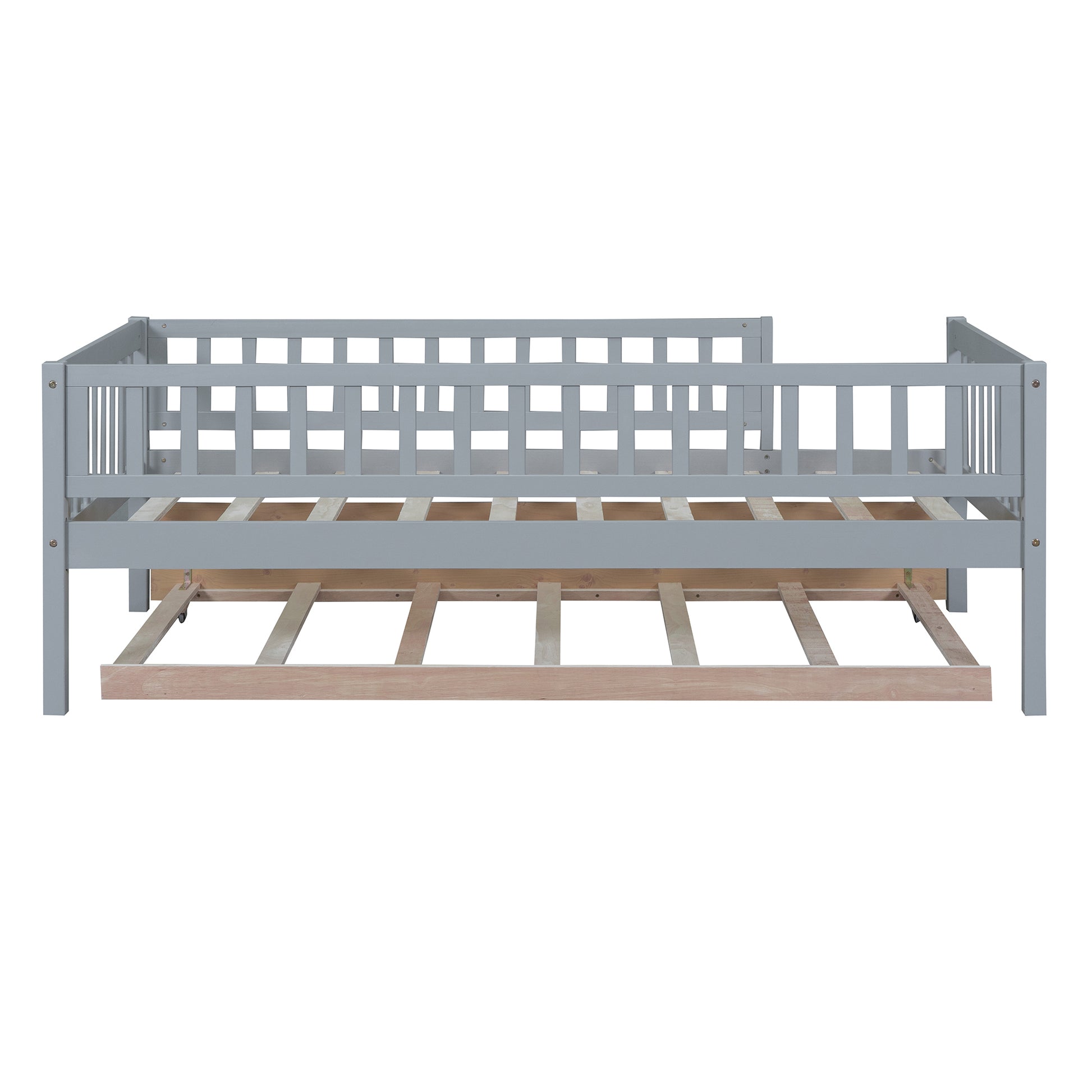 Twin Size Wood Daybed With Trundle And Fence Guardrails, Gray Twin Gray Solid Wood Mdf