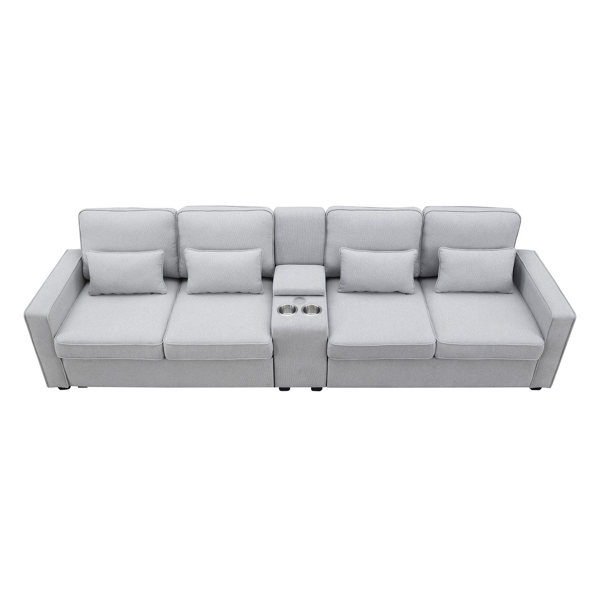 114.2" Upholstered Sofa With Console, 2 Cupholders And 2 Usb Ports Wired Or Wirelessly Charged, Modern Linen Fabric Couches With 4 Pillows For Living Room, Apartment 4 Seat Light Gray Fabric 4 Seat