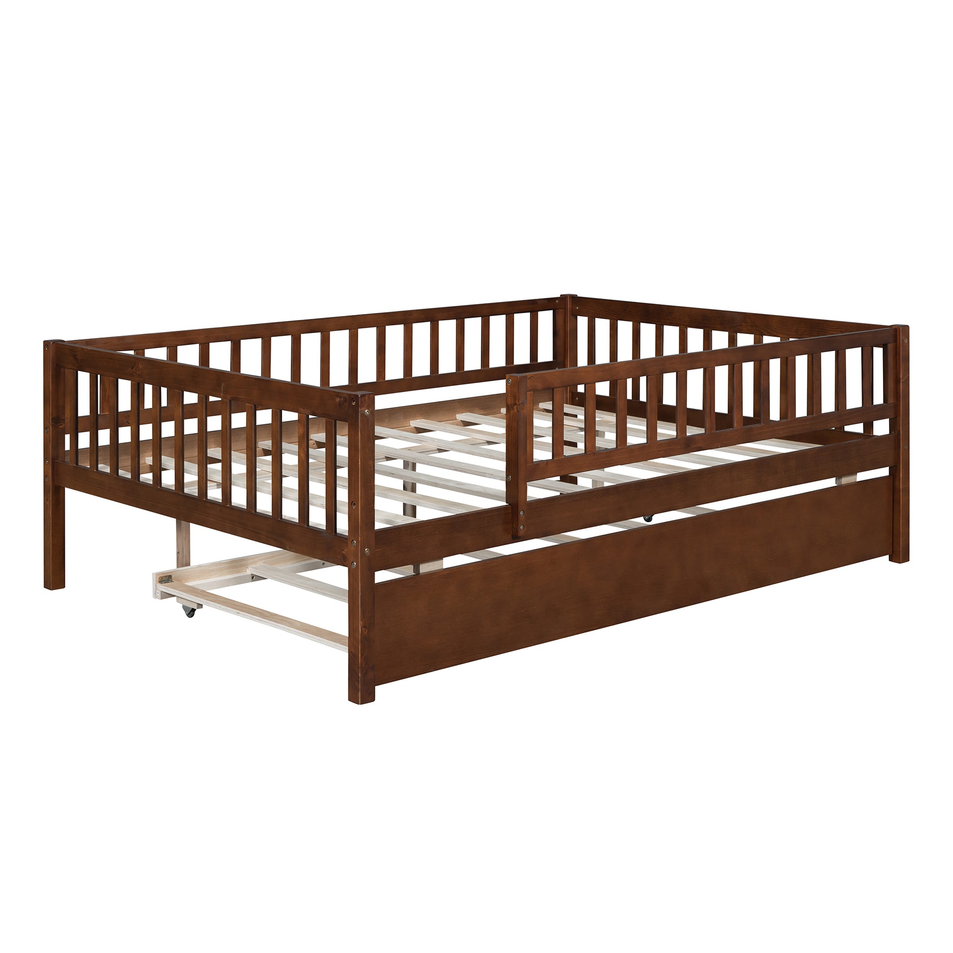 Full Size Wood Daybed With Trundle And Fence Guardrails, Walnut Full Walnut Solid Wood Mdf