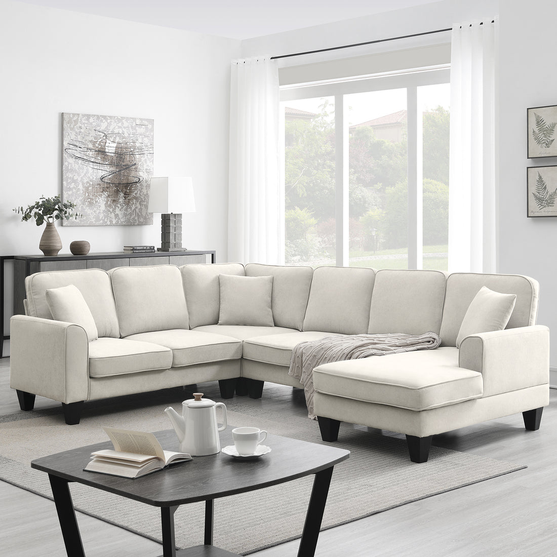 108*85.5" Modern U Shape Sectional Sofa, 7 Seat Fabric Sectional Sofa Set With 3 Pillows Included For Living Room, Apartment, Office,3 Colors Beige Fabric