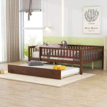 Full Size Wood Daybed With Trundle And Fence Guardrails, Walnut Full Walnut Solid Wood Mdf