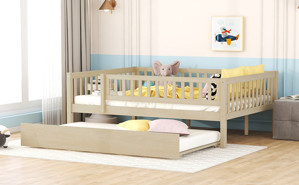 Full Size Wood Daybed With Trundle And Fence Guardrails, Natural Full Natural Solid Wood Mdf