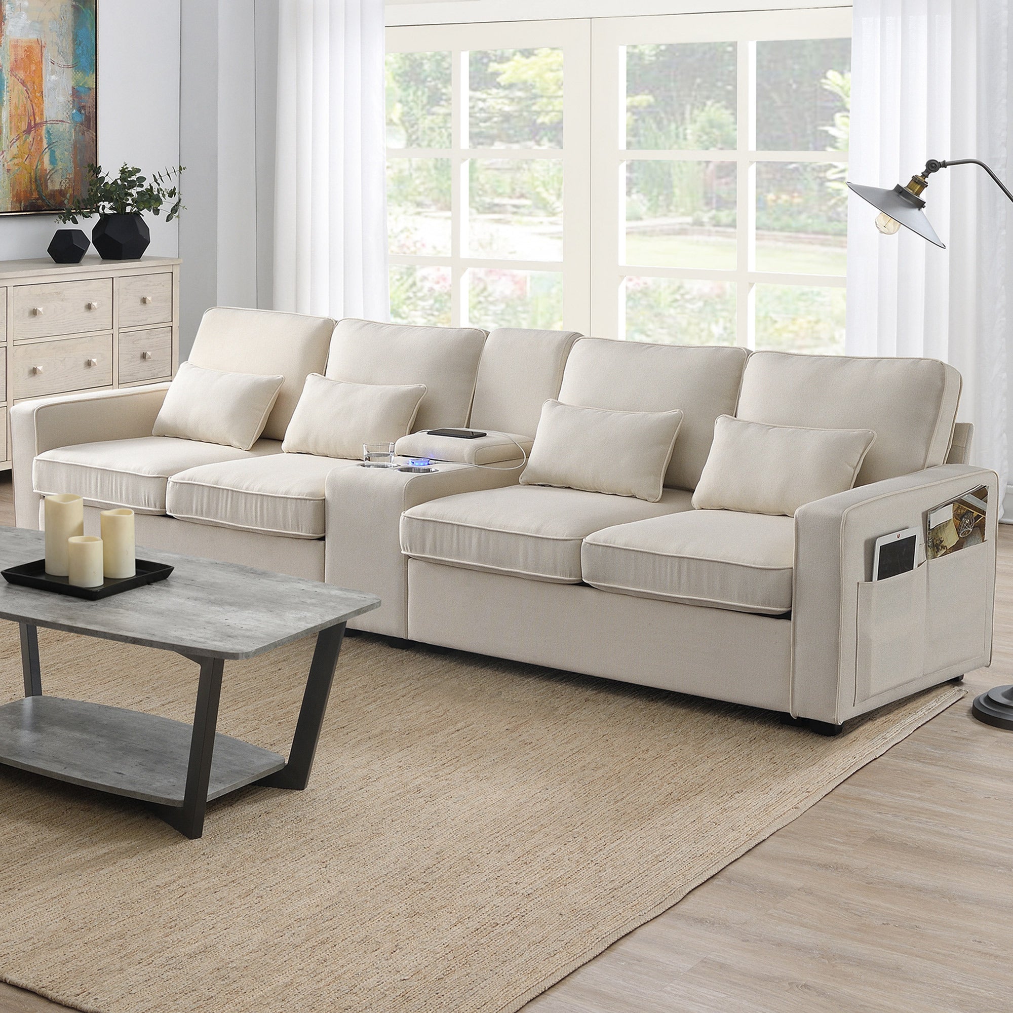 114.2" Upholstered Sofa With Console, 2 Cupholders And 2 Usb Ports Wired Or Wirelessly Charged, Modern Linen Fabric Couches With 4 Pillows For Living Room, Apartment 4 Seat Beige Fabric 4 Seat