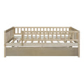 Full Size Wood Daybed With Trundle And Fence Guardrails, Natural Full Natural Solid Wood Mdf