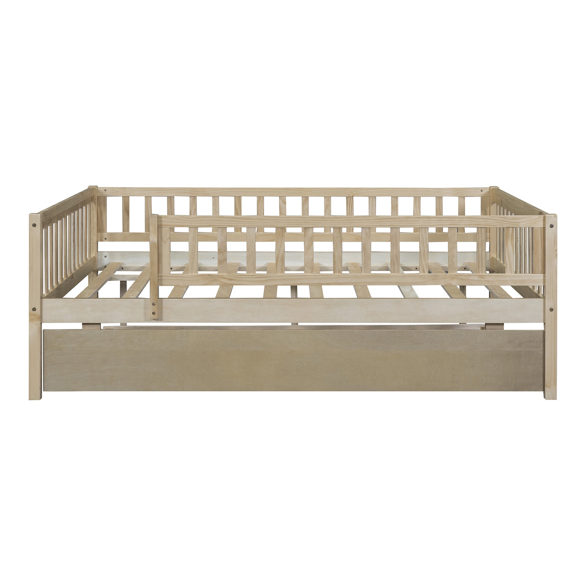 Full Size Wood Daybed With Trundle And Fence Guardrails, Natural Full Natural Solid Wood Mdf