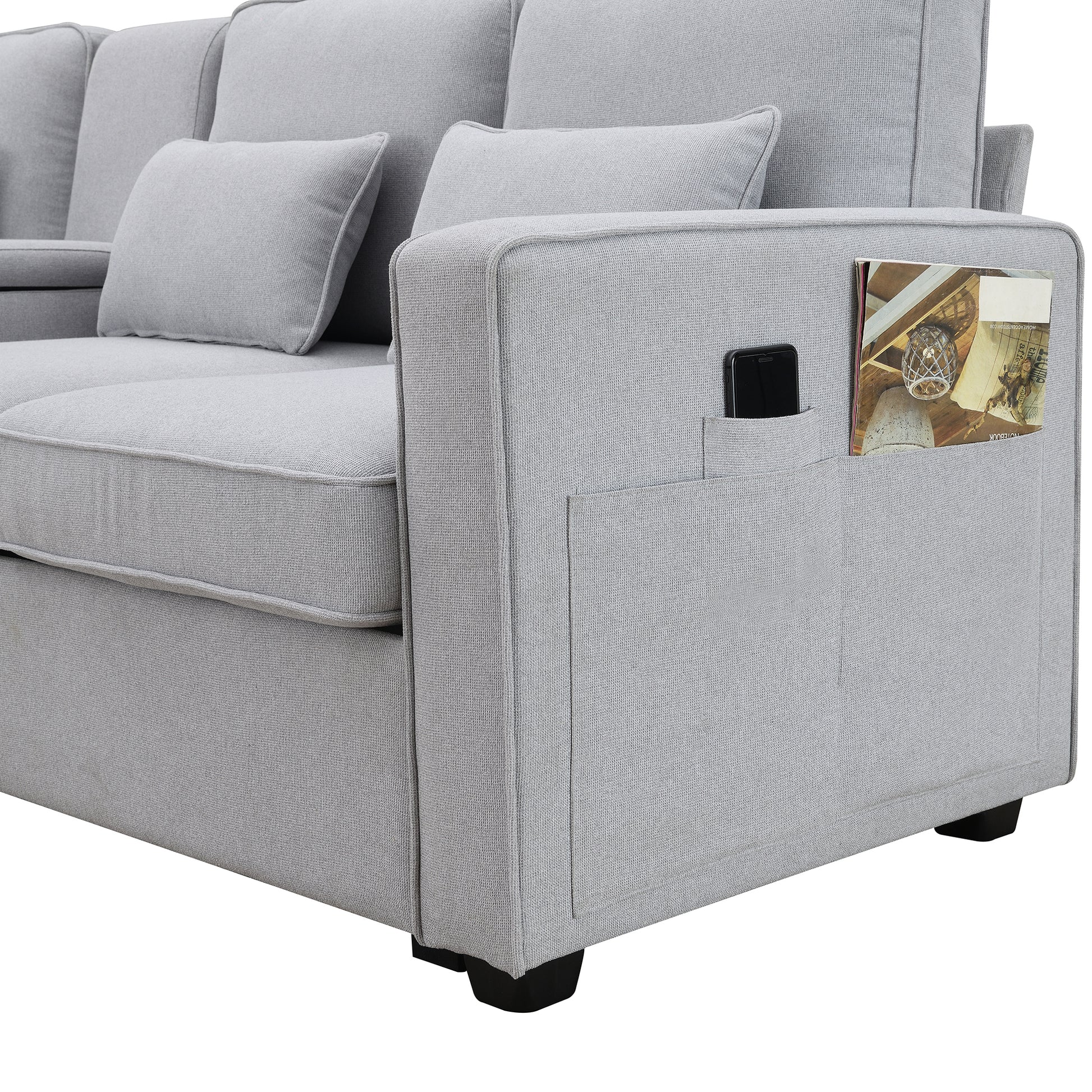 114.2" Upholstered Sofa With Console, 2 Cupholders And 2 Usb Ports Wired Or Wirelessly Charged, Modern Linen Fabric Couches With 4 Pillows For Living Room, Apartment 4 Seat Light Gray Fabric 4 Seat