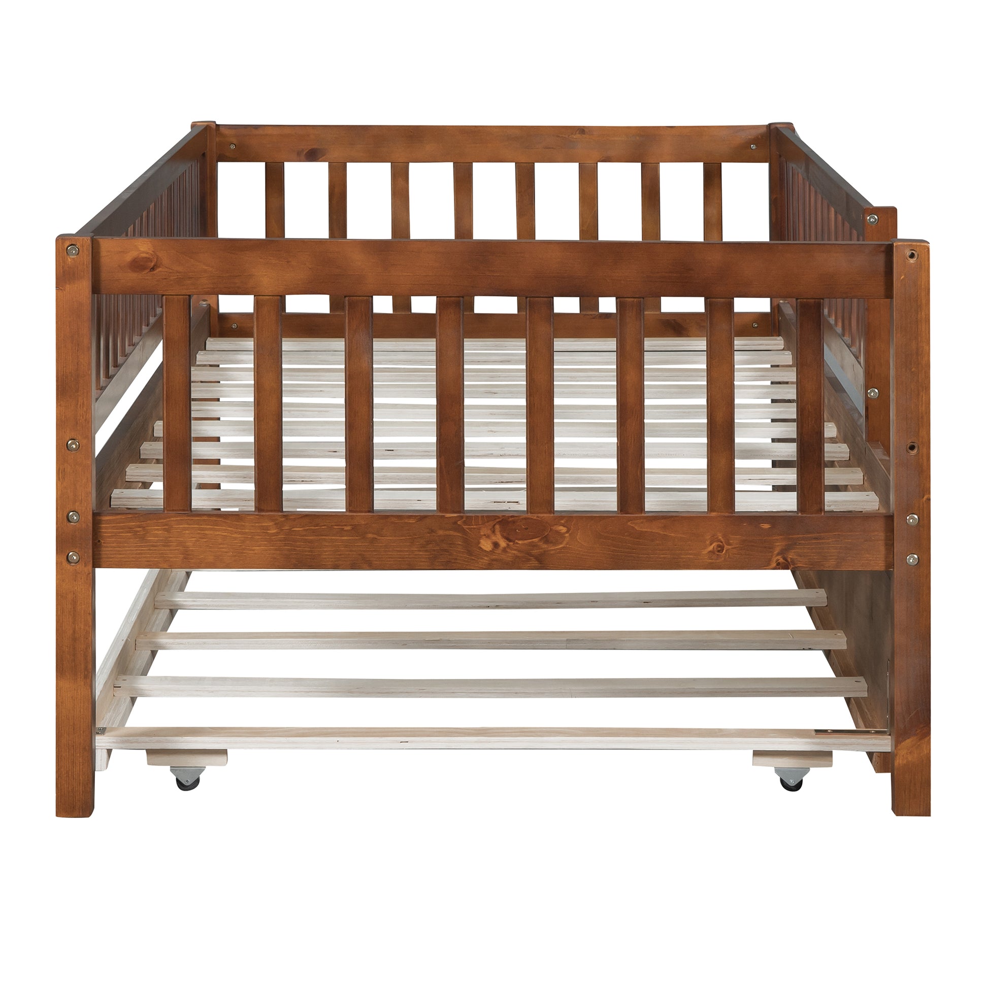 Twin Size Wood Daybed With Trundle And Fence Guardrails, Walnut Twin Walnut Solid Wood Mdf