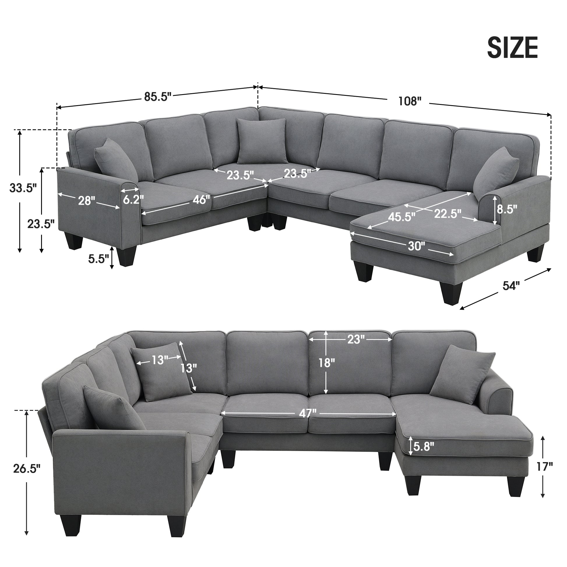 108*85.5" Modern U Shape Sectional Sofa, 7 Seat Fabric Sectional Sofa Set With 3 Pillows Included For Living Room, Apartment, Office,3 Colors Dark Grey Fabric