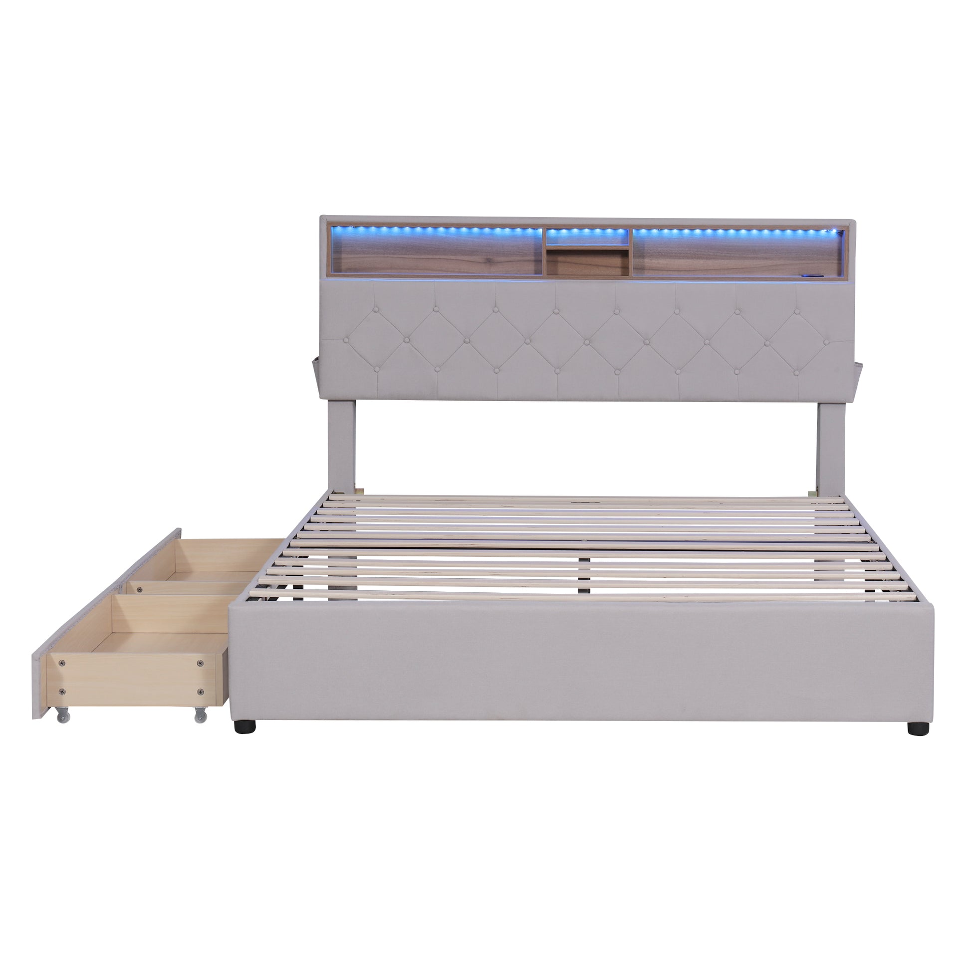Queen Size Upholstered Platform Bed With Storage Headboard, Led, Usb Charging And 2 Drawers, Beige Beige Upholstered