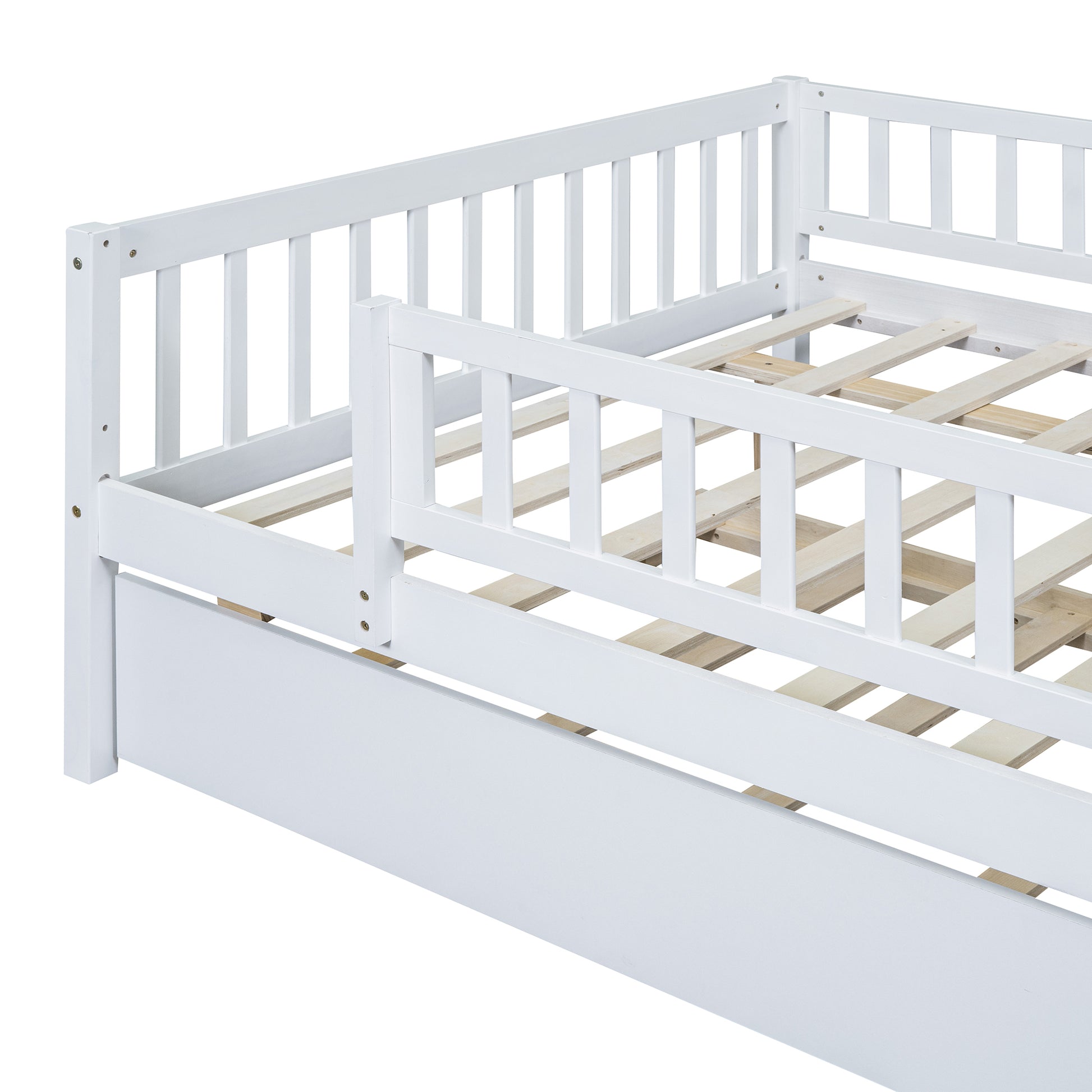 Full Size Wood Daybed With Trundle And Fence Guardrails, White Full White Solid Wood Mdf