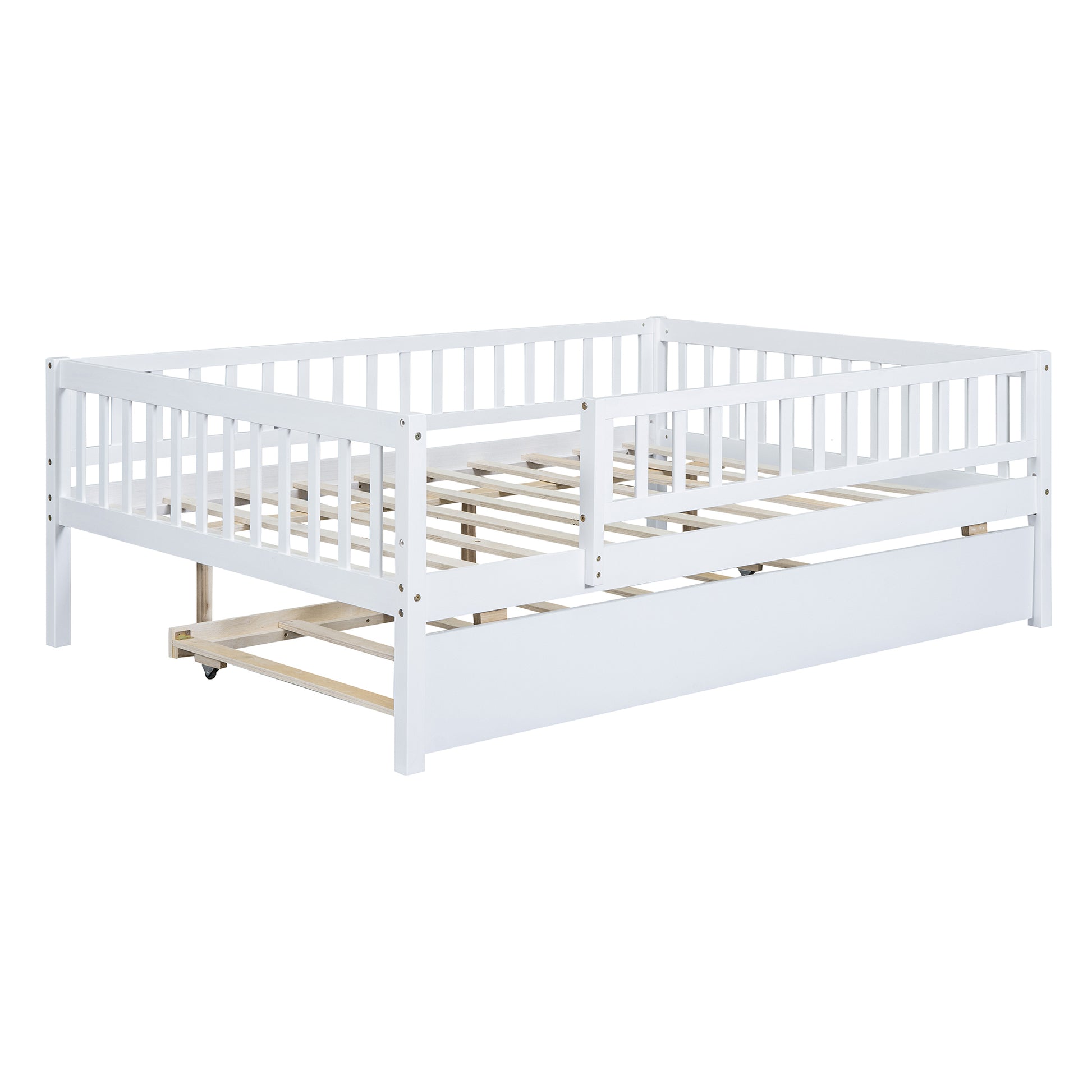 Full Size Wood Daybed With Trundle And Fence Guardrails, White Full White Solid Wood Mdf